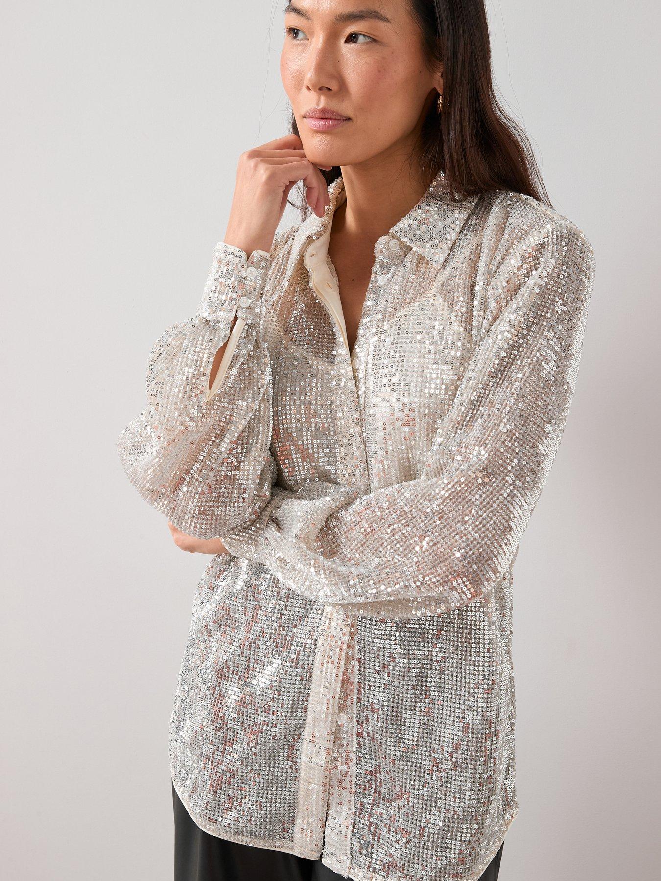 front image of the-very-collection-sequin-longline-shirt-champagne