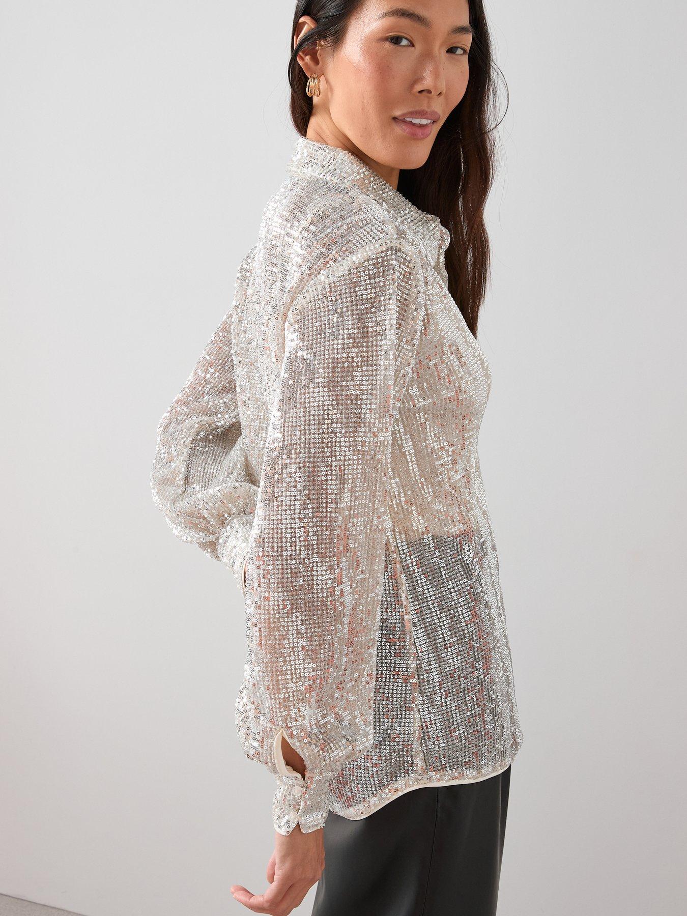  image of the-very-collection-sequin-longline-shirt-champagne