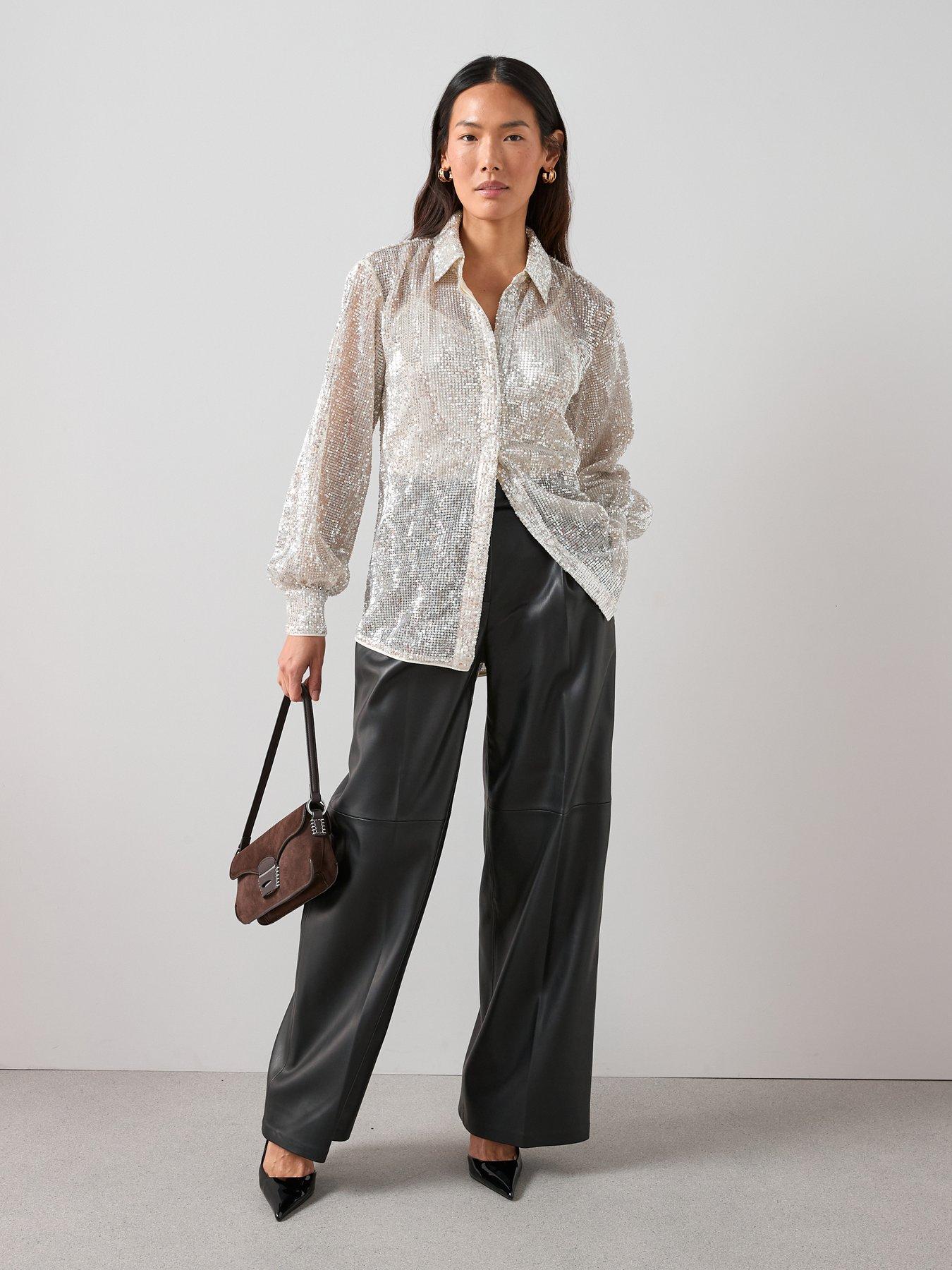 image of the-very-collection-sequin-longline-shirt-champagne