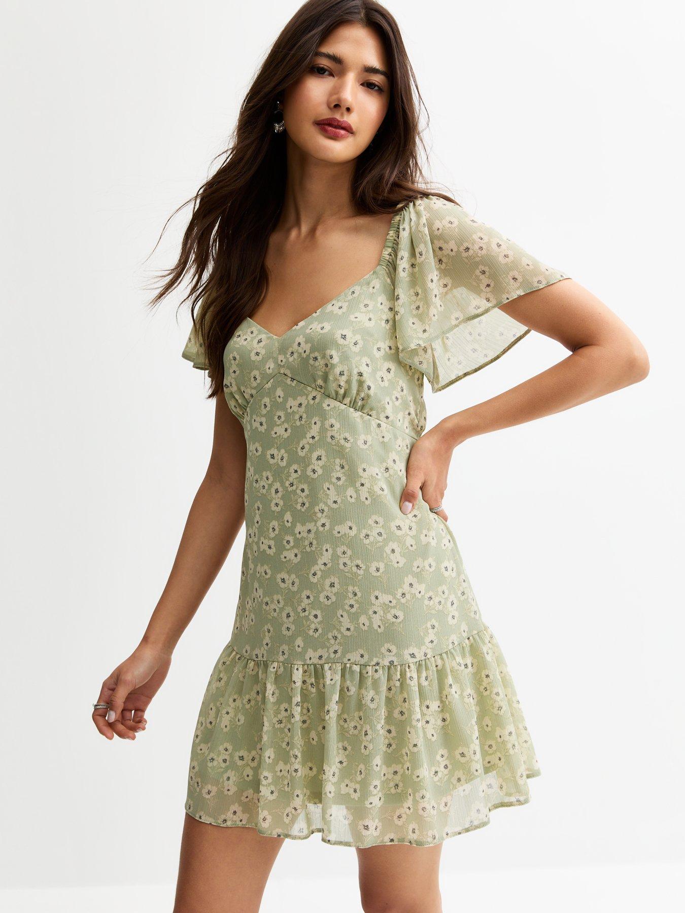 undefined Daisy Print Tiered Hem Chiffon Mini Dress - Green