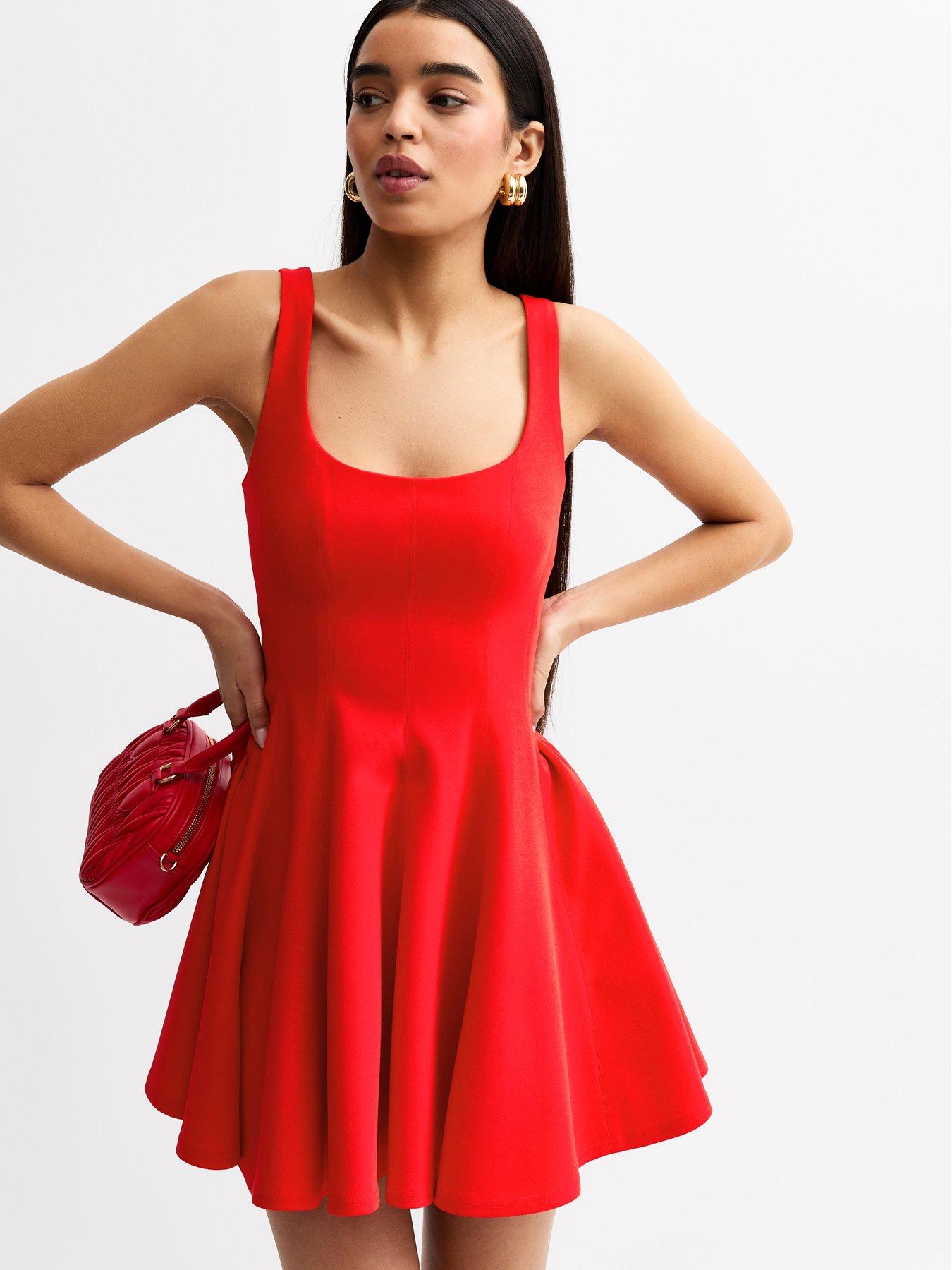 front image of new-look-red-square-neck-flared-mini-dress