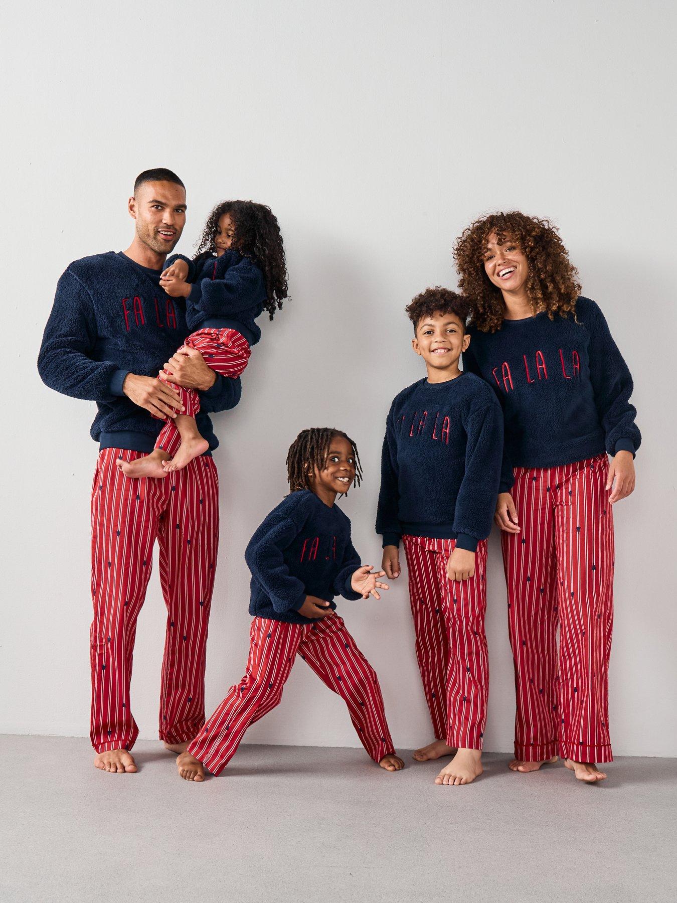 undefined Womens Family Christmas Pyjamas Borg Fa La La Sweat And Xmas Tree Wide Leg Trousers - Navy