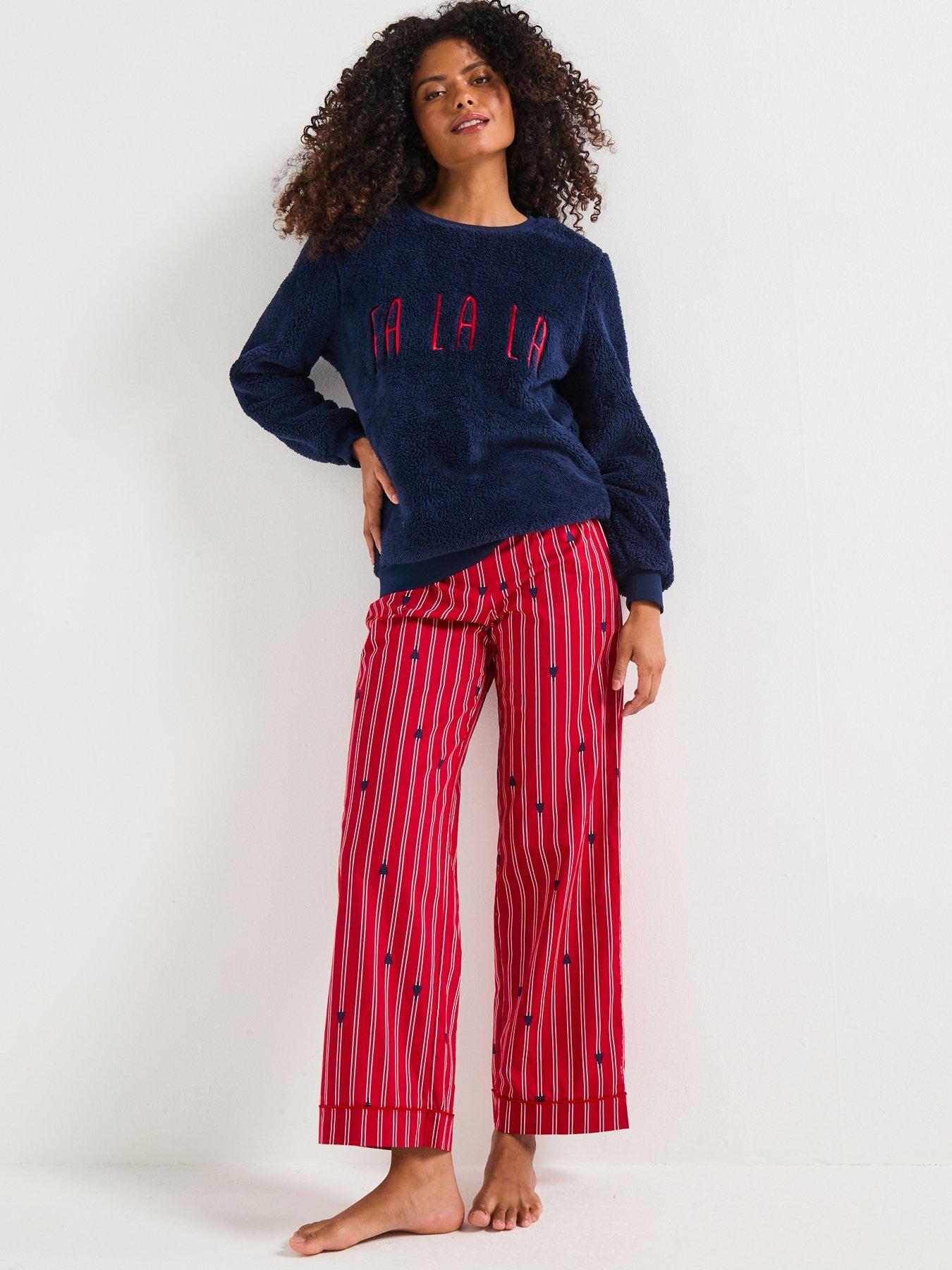 Image 2 of 6 of The Very Collection Womens Family Christmas Pyjamas Borg Fa La La Sweat And Xmas Tree Wide Leg Trousers - Navy