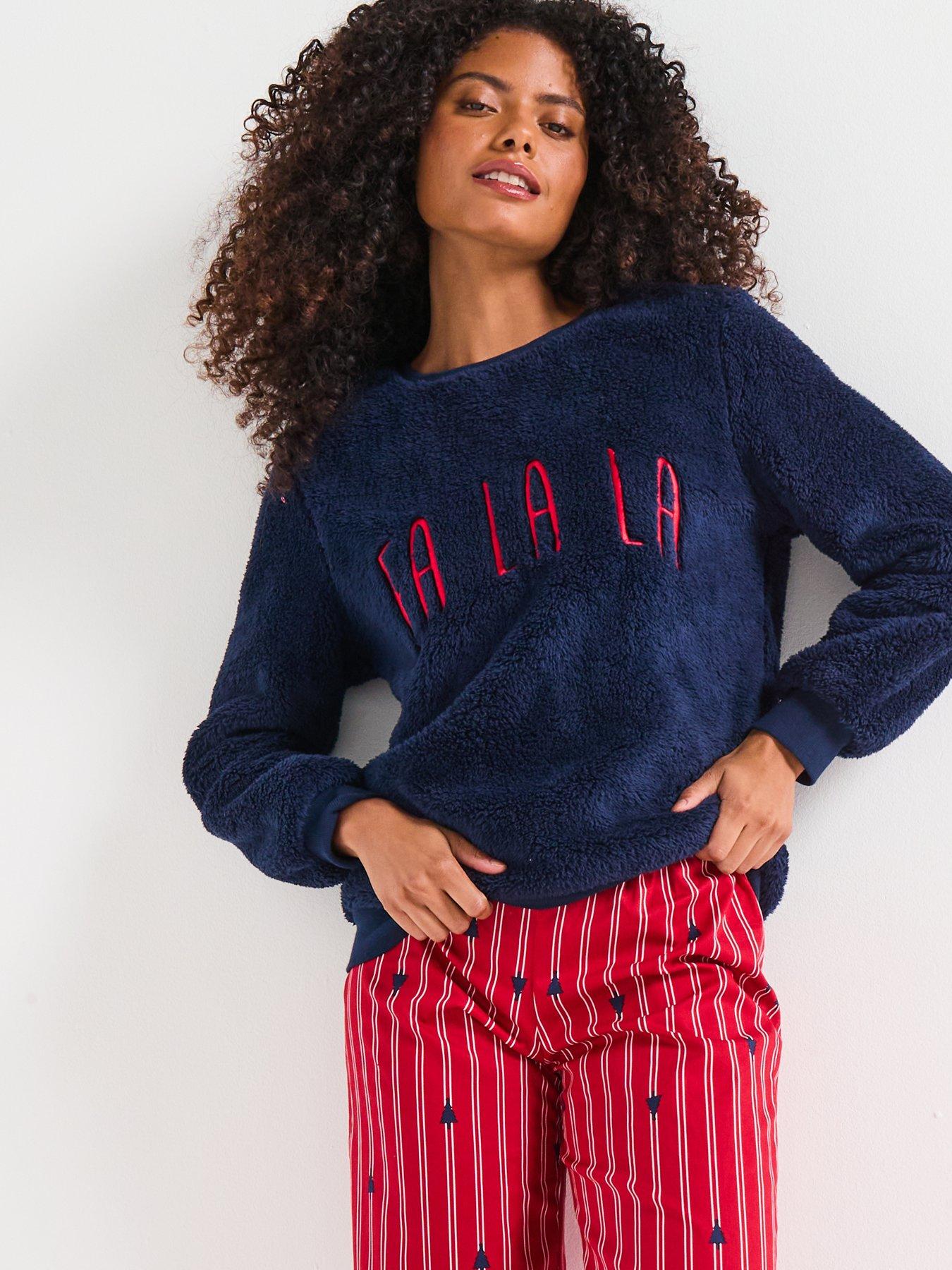 Image 6 of 6 of The Very Collection Womens Family Christmas Pyjamas Borg Fa La La Sweat And Xmas Tree Wide Leg Trousers - Navy