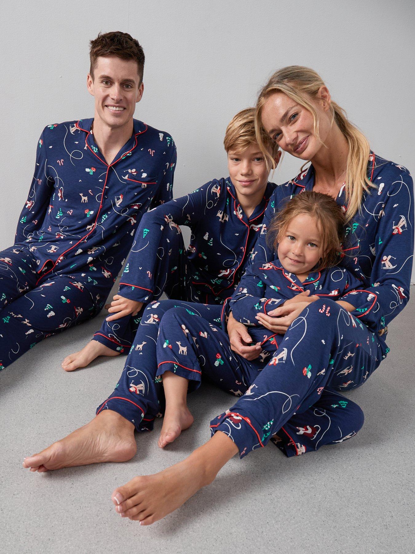 The Very Collection Womens Family Christmas Pj Printed Christmas Ski Jersey Revere Set - Navy