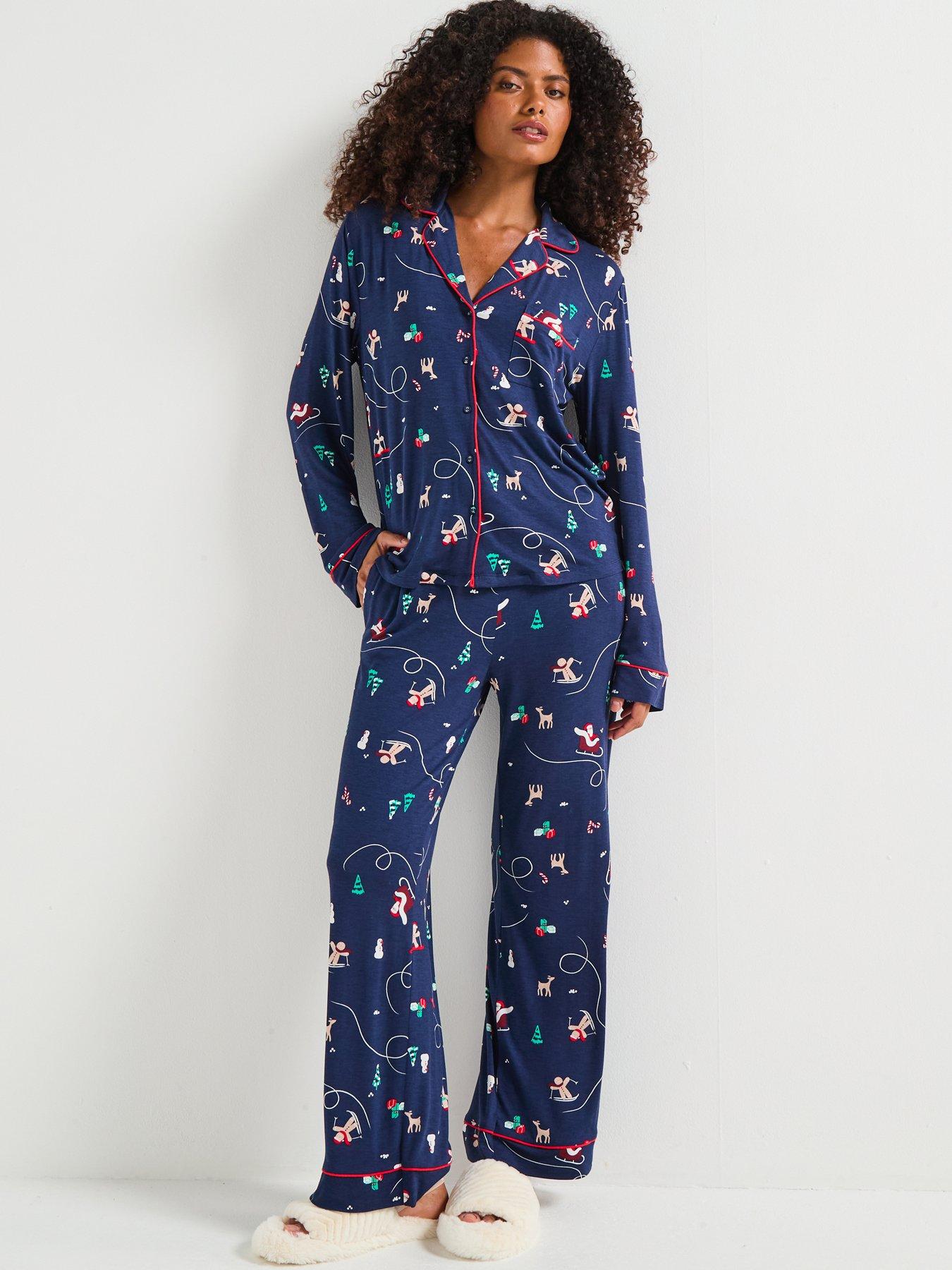 Image 4 of 7 of The Very Collection Womens Family Christmas Pj Printed Christmas Ski Jersey Revere Set - Navy