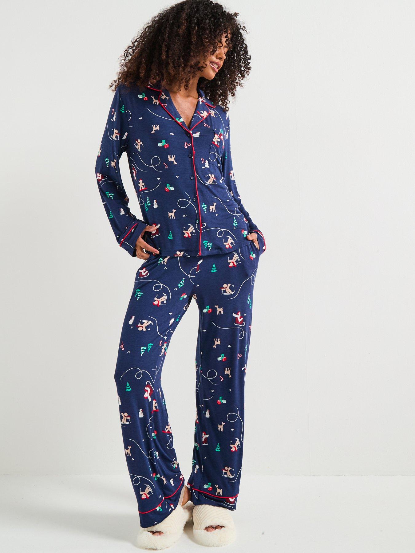 Image 5 of 7 of The Very Collection Womens Family Christmas Pj Printed Christmas Ski Jersey Revere Set - Navy
