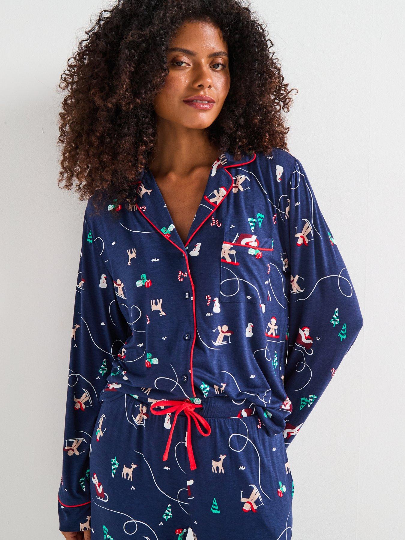 Image 6 of 7 of The Very Collection Womens Family Christmas Pj Printed Christmas Ski Jersey Revere Set - Navy