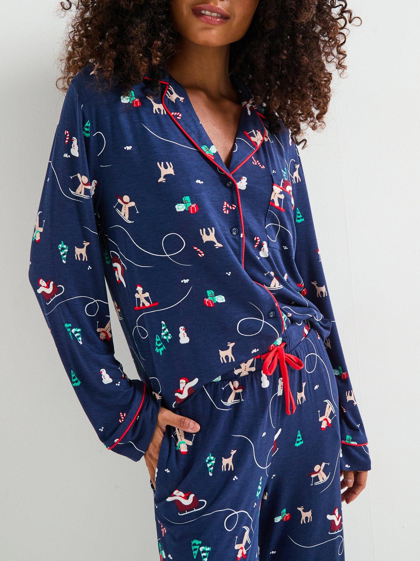 Image 7 of 7 of The Very Collection Womens Family Christmas Pj Printed Christmas Ski Jersey Revere Set - Navy