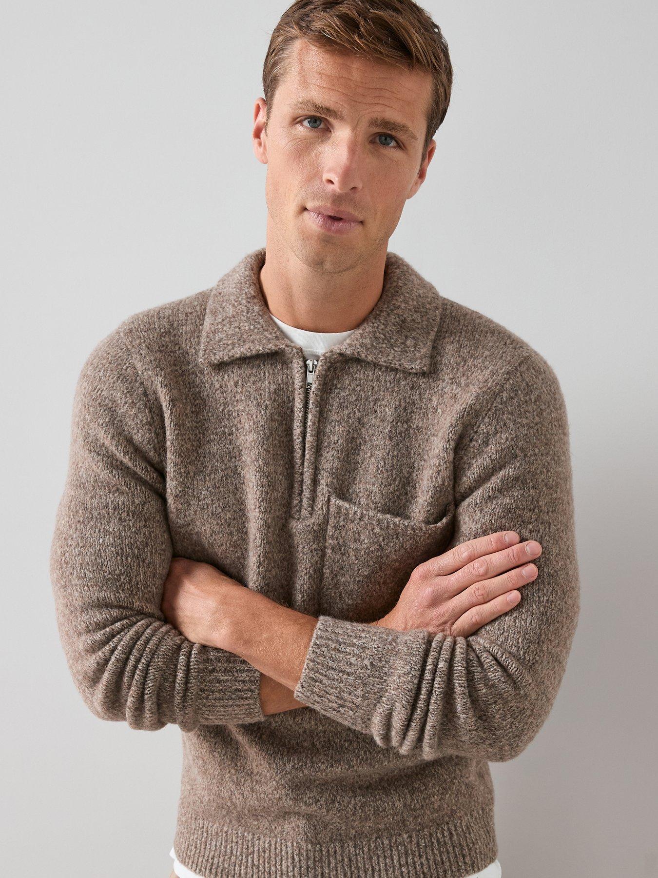 front image of the-very-collection-pocket-front-quarter-zip-jumper-beige