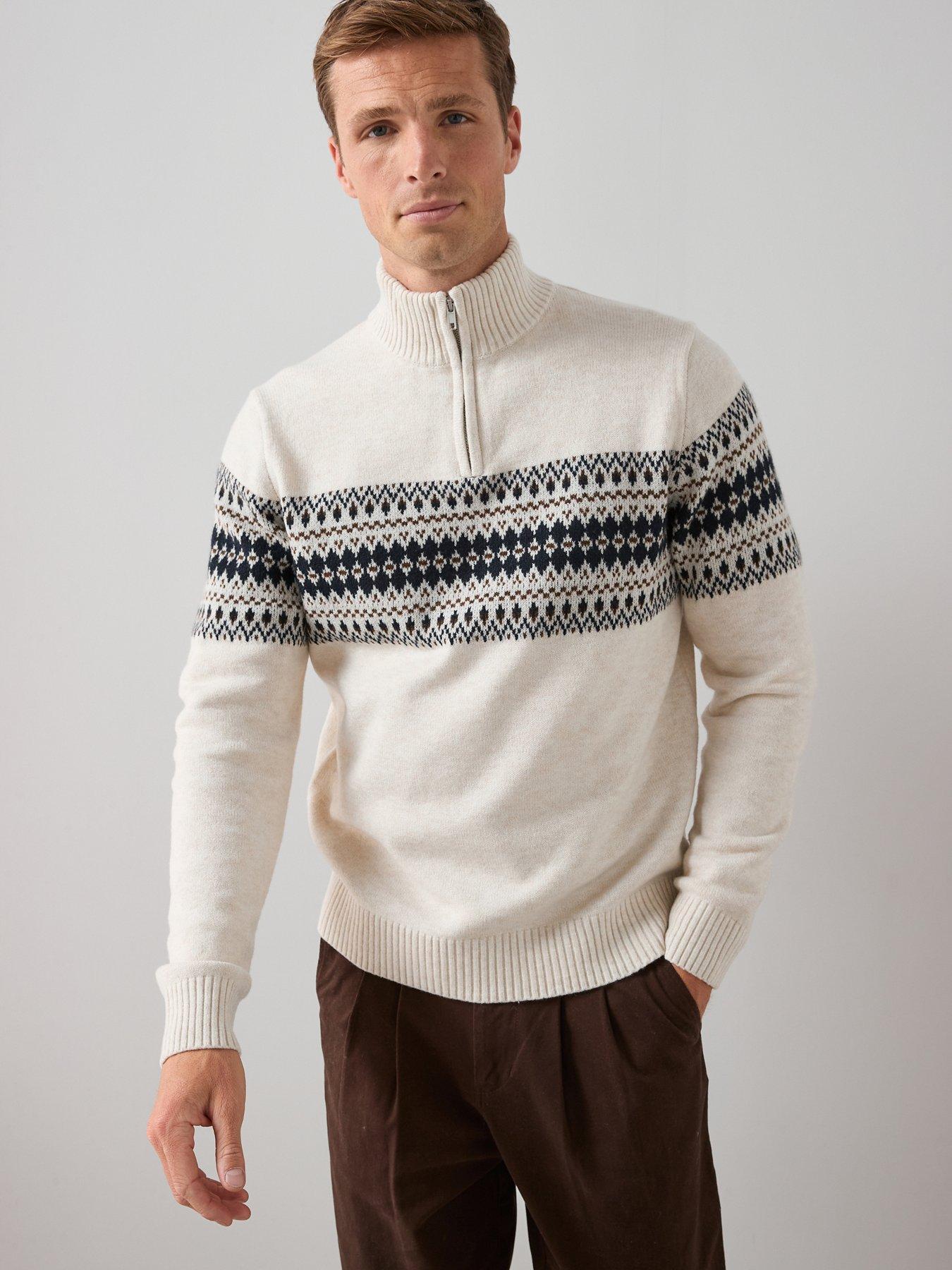 front image of the-very-collection-fairisle-quarter-zip-jumper-cream
