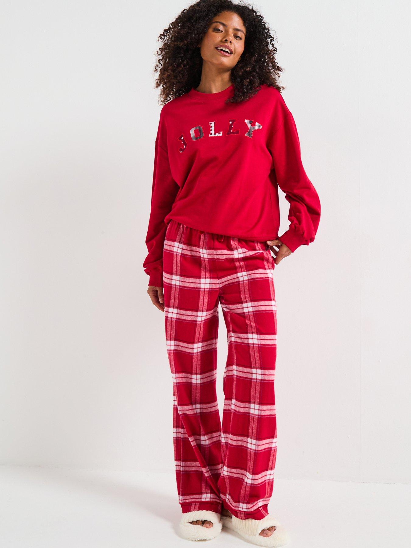 Image 2 of 7 of The Very Collection Womens Family Christmas Pyjama Jolly Brushed Back Sweat And Woven Bottom Set - Red