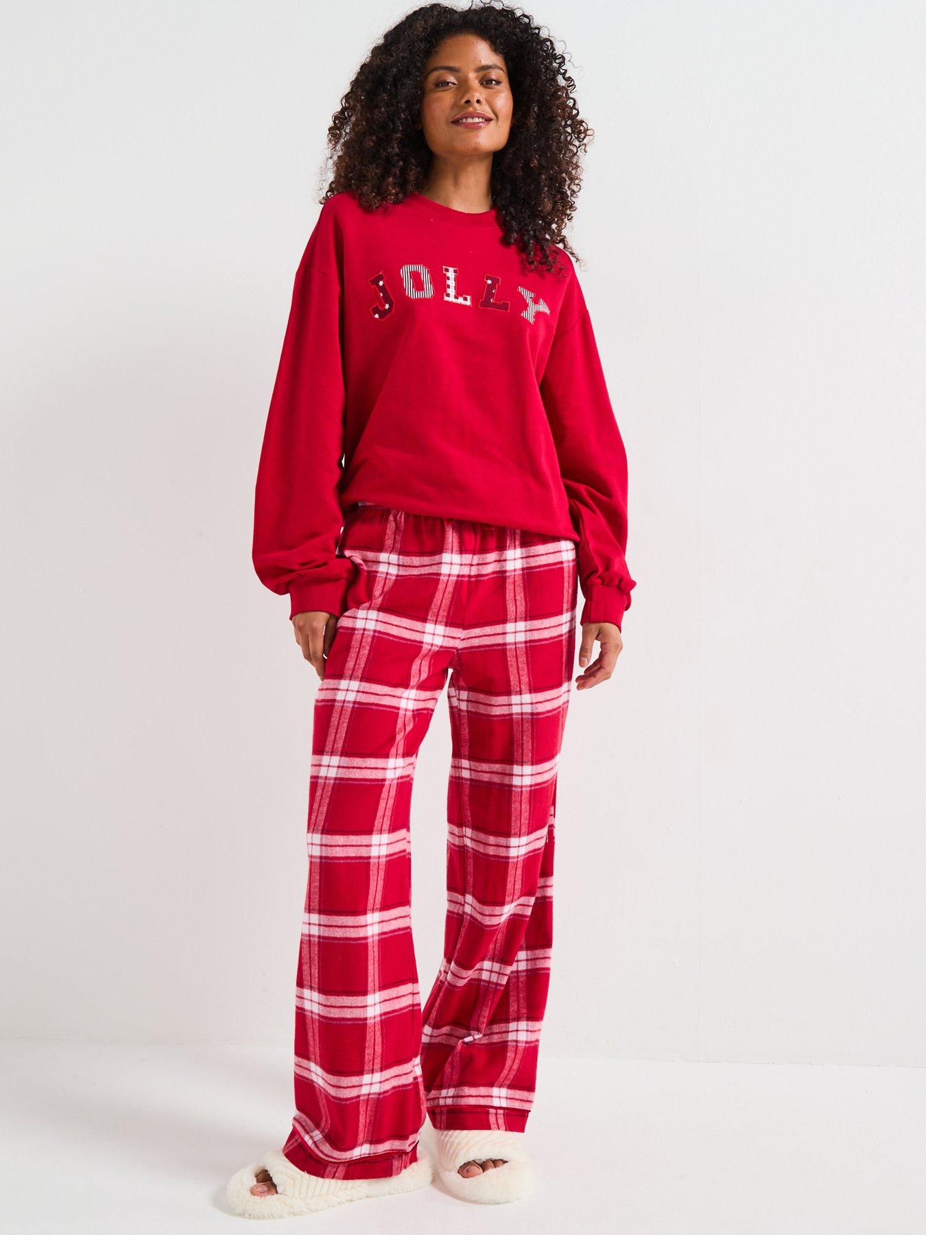Image 4 of 7 of The Very Collection Womens Family Christmas Pyjama Jolly Brushed Back Sweat And Woven Bottom Set - Red