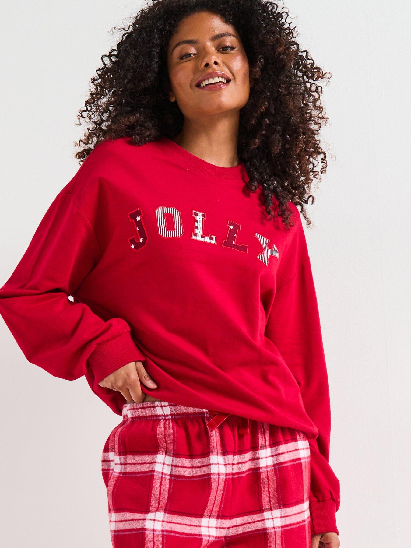 Image 5 of 7 of The Very Collection Womens Family Christmas Pyjama Jolly Brushed Back Sweat And Woven Bottom Set - Red