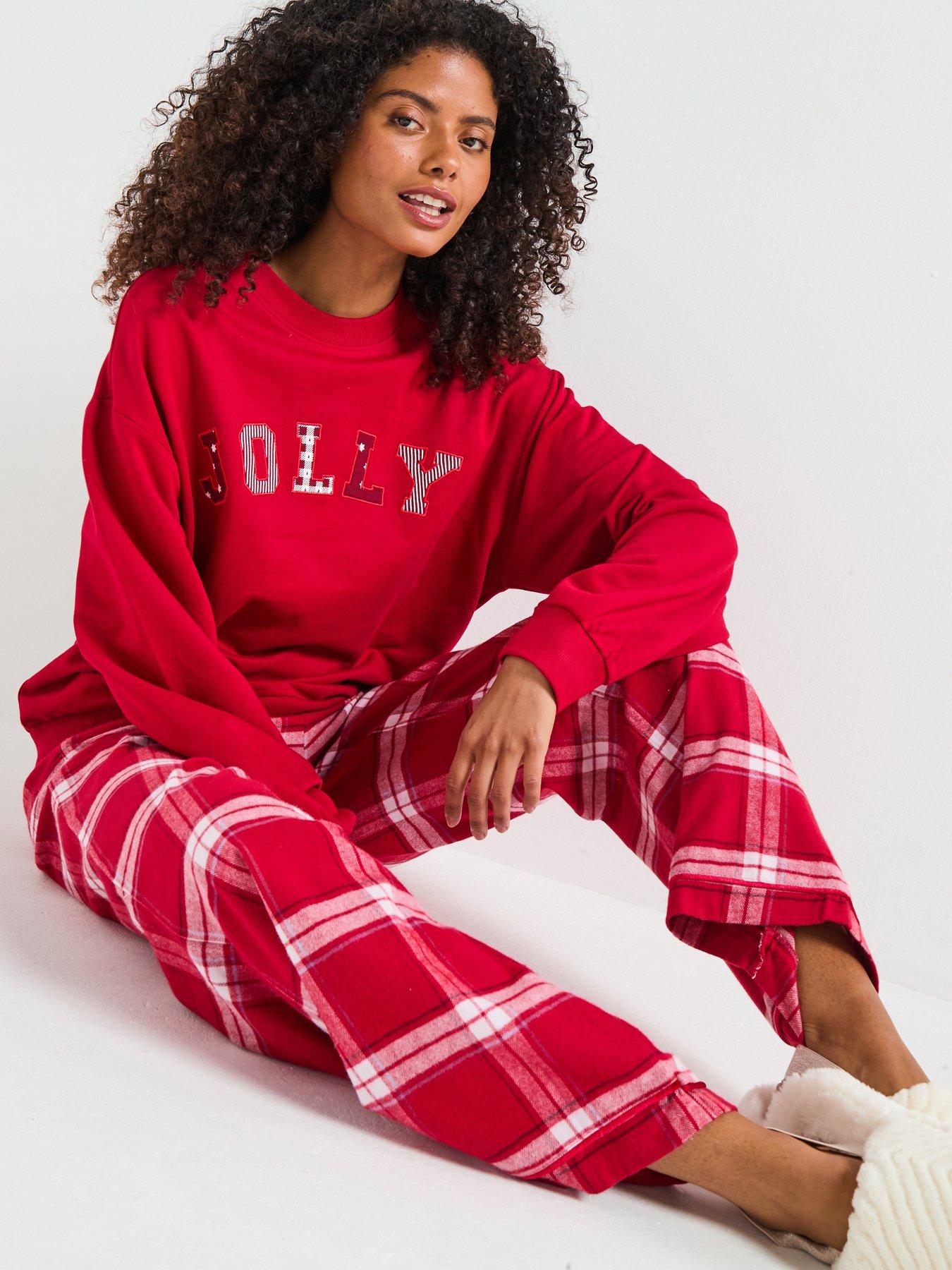 Image 6 of 7 of The Very Collection Womens Family Christmas Pyjama Jolly Brushed Back Sweat And Woven Bottom Set - Red