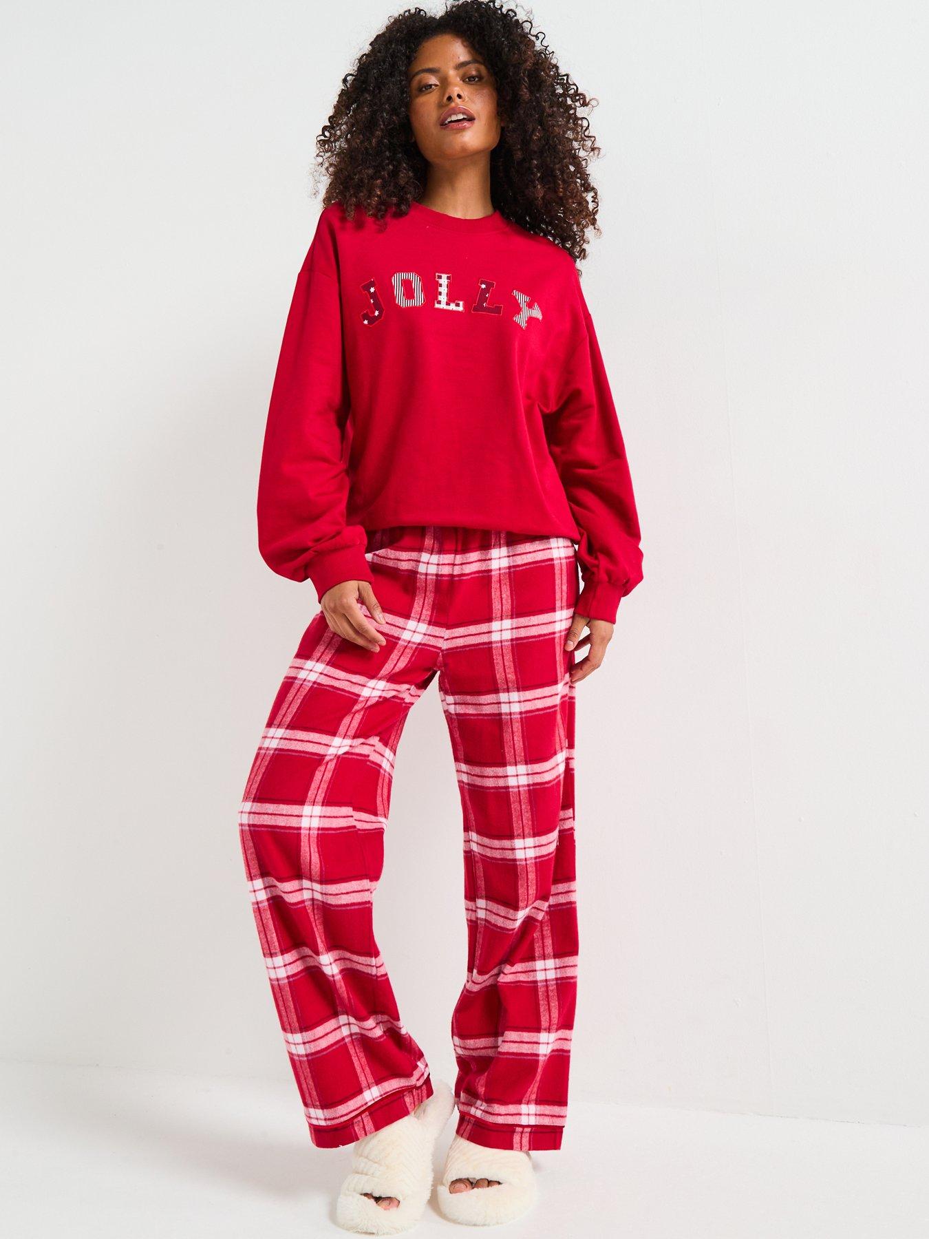 Image 7 of 7 of The Very Collection Womens Family Christmas Pyjama Jolly Brushed Back Sweat And Woven Bottom Set - Red