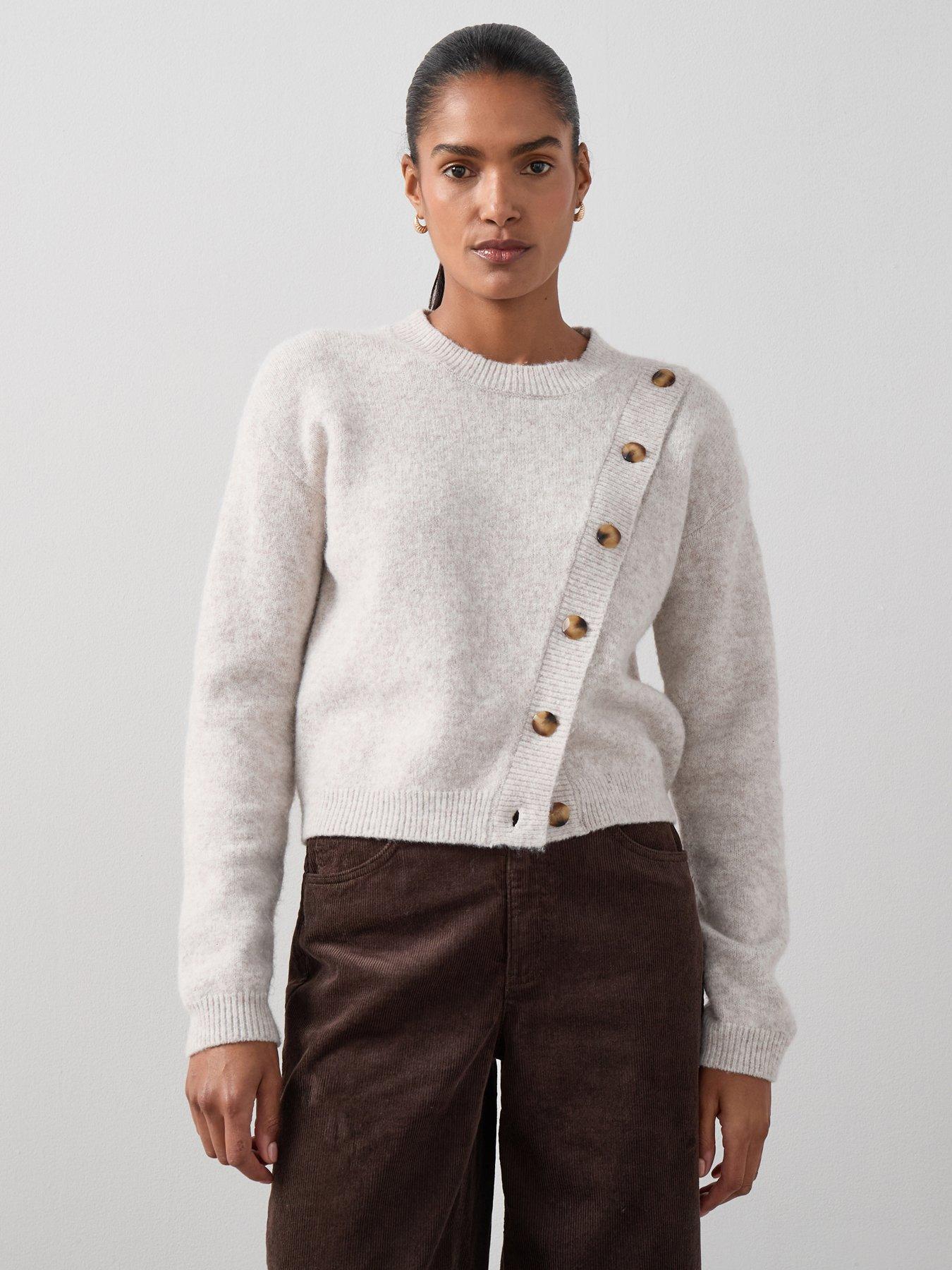 undefined Crew Neck Button Detail Knitted Jumper - Beige