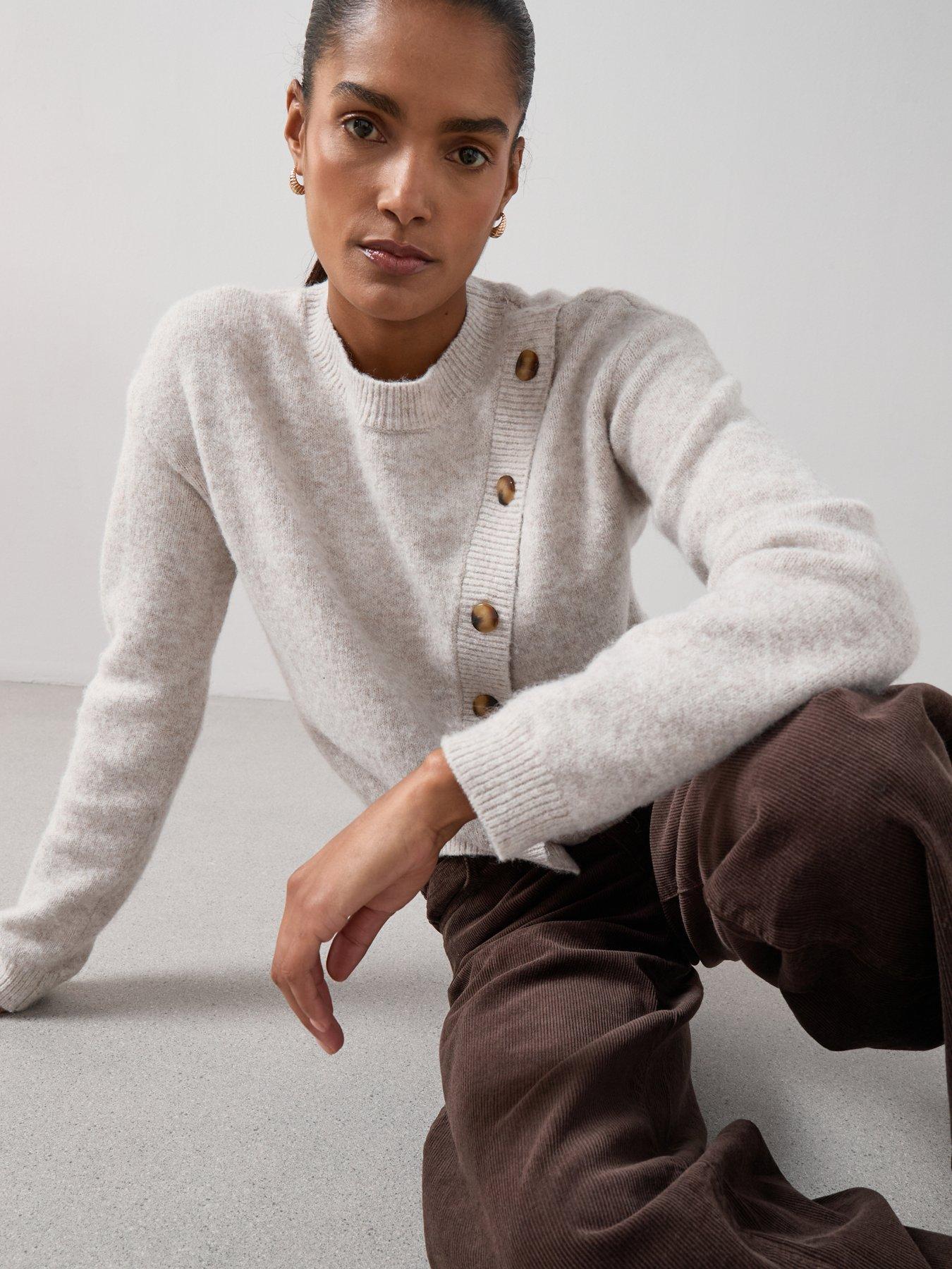 Image 6 of 6 of The Very Collection Crew Neck Button Detail Knitted Jumper - Beige