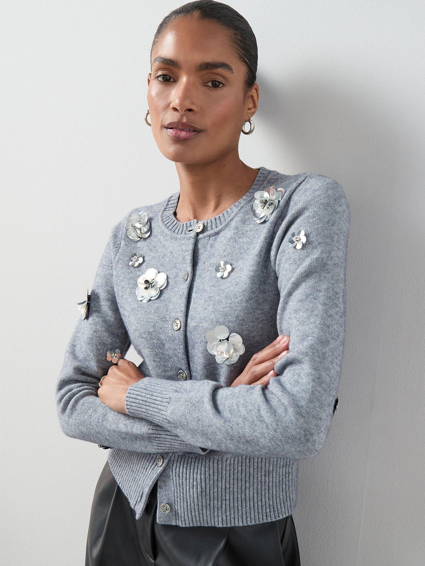 front image of the-very-collection-crew-neck-flower-sequin-cardigan-grey