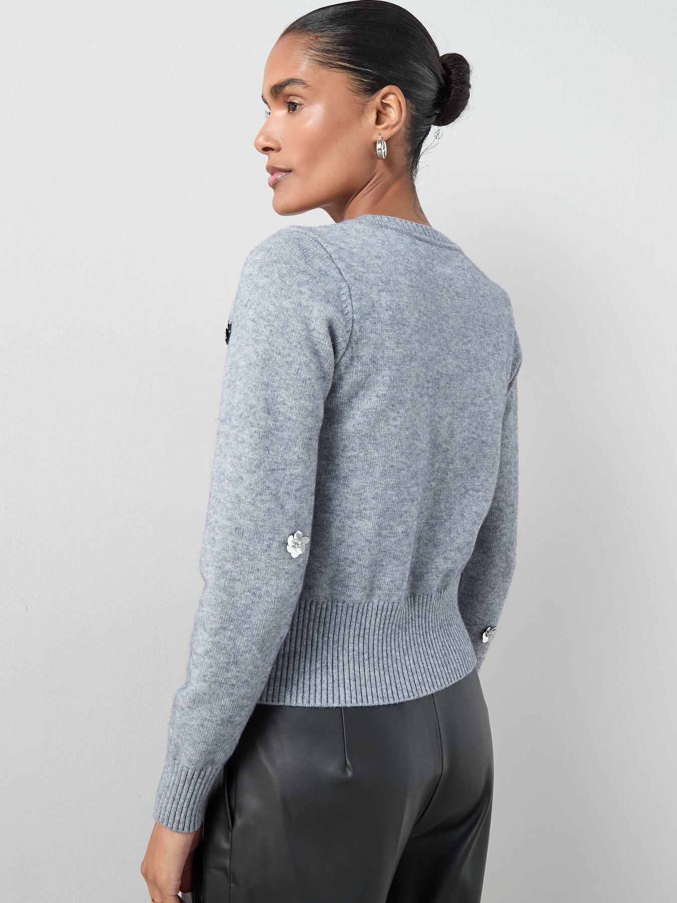 stillFront image of the-very-collection-crew-neck-flower-sequin-cardigan-grey