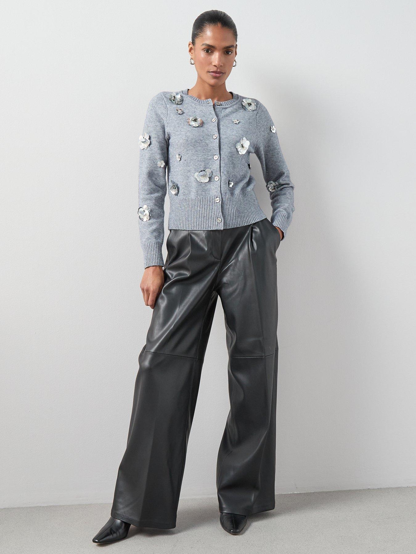  image of the-very-collection-crew-neck-flower-sequin-cardigan-grey