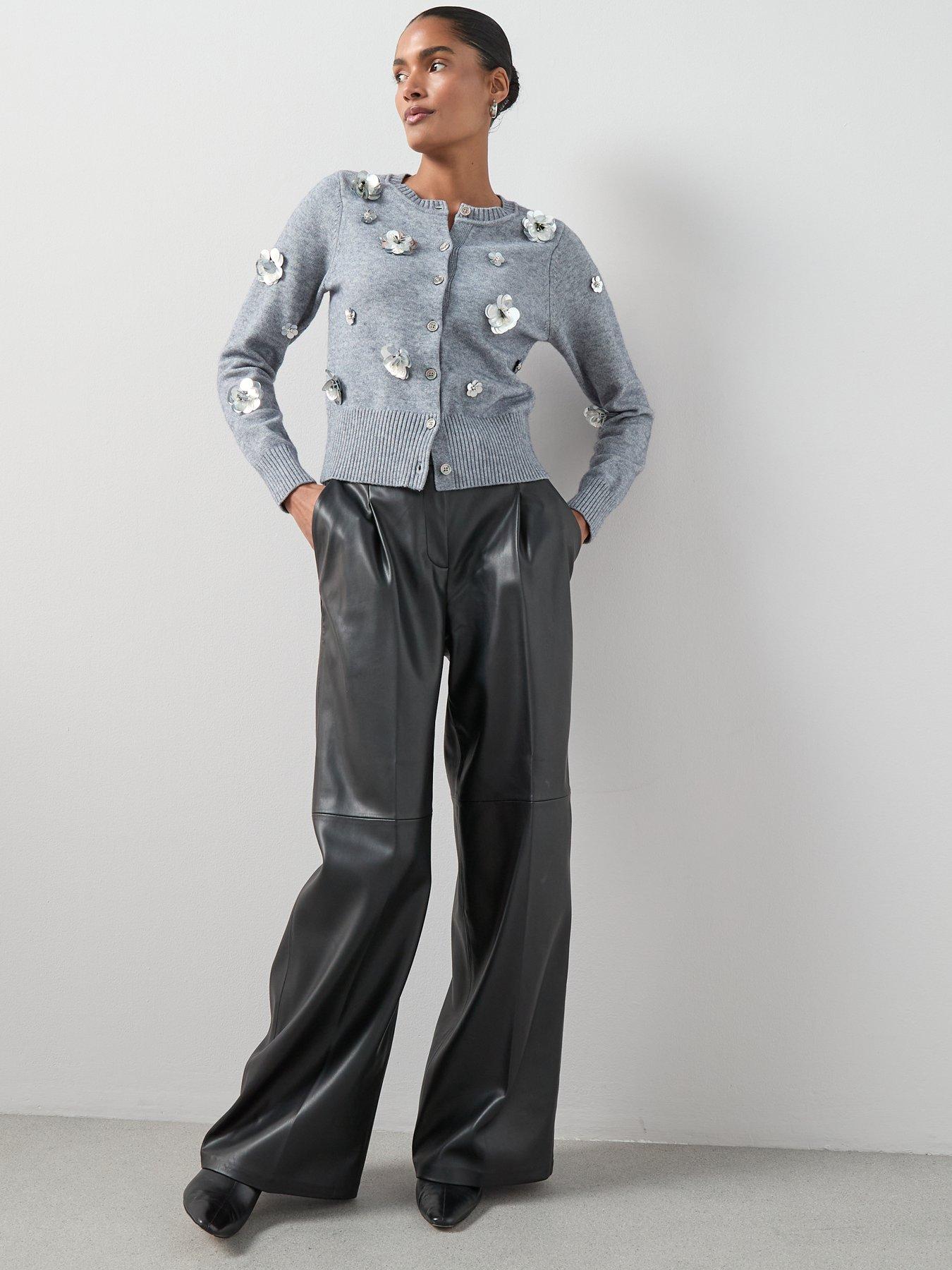  image of the-very-collection-crew-neck-flower-sequin-cardigan-grey