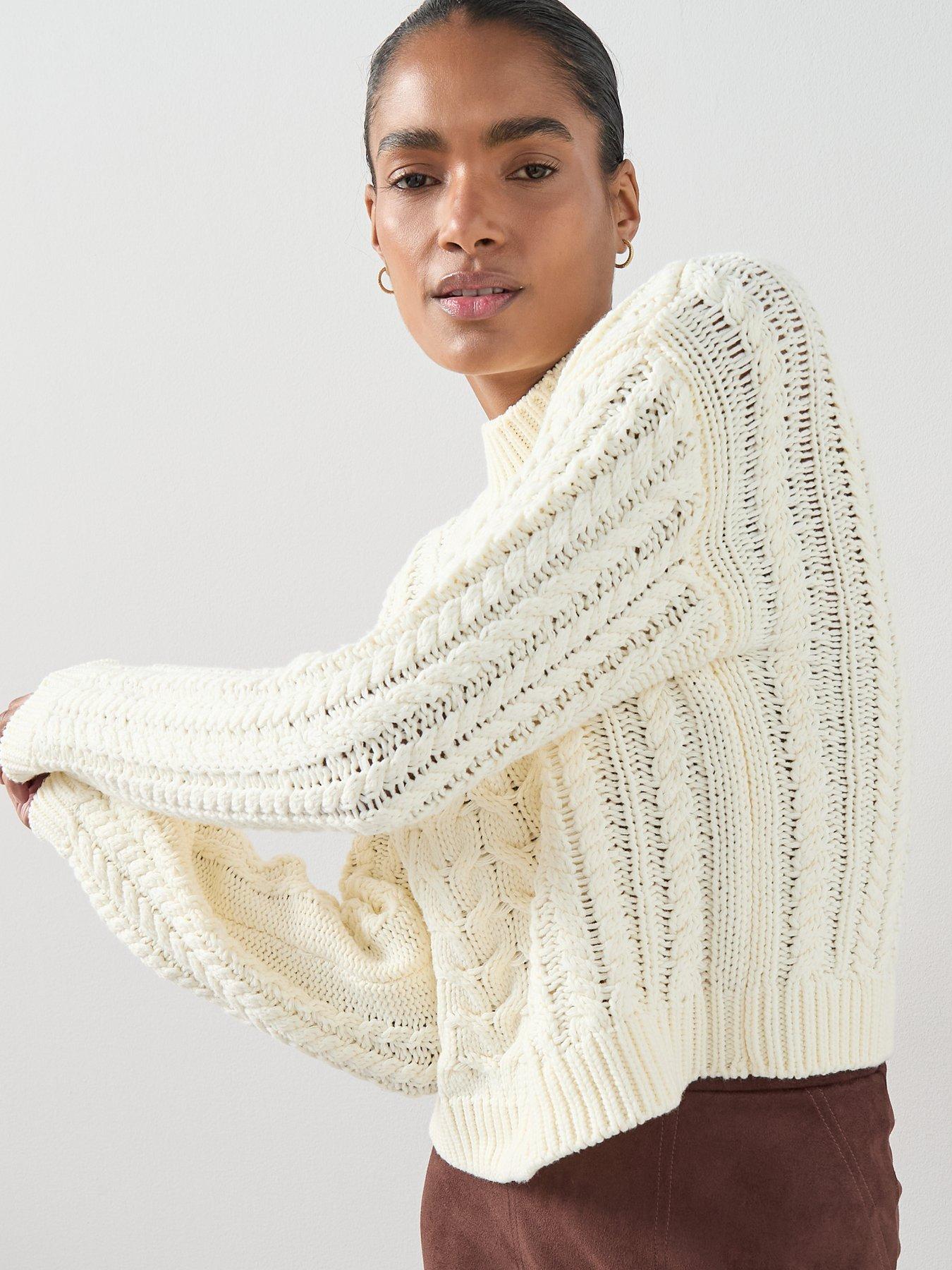  image of the-very-collection-cotton-rich-funnel-neck-cable-cropped-jumper-cream