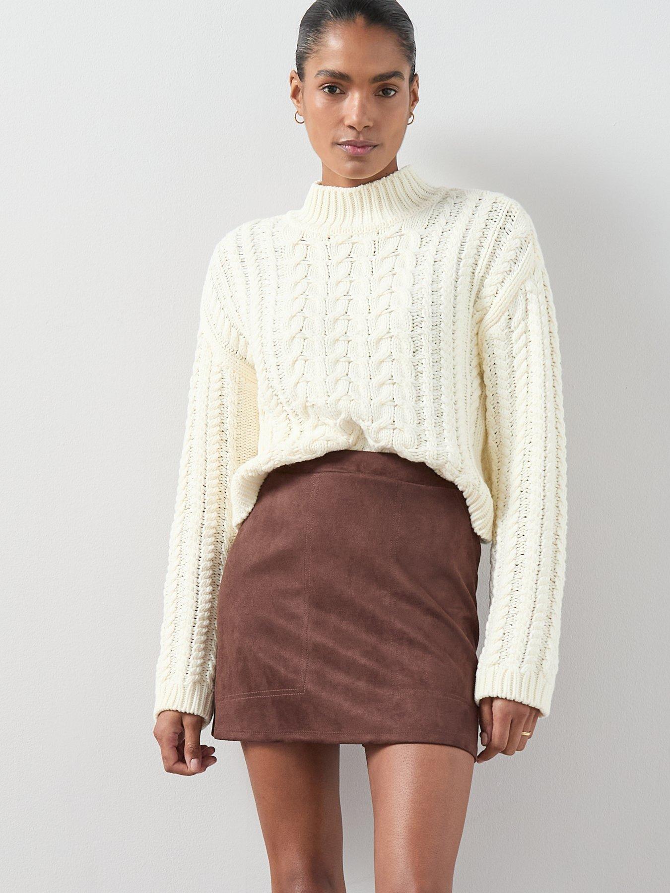  image of the-very-collection-cotton-rich-funnel-neck-cable-cropped-jumper-cream