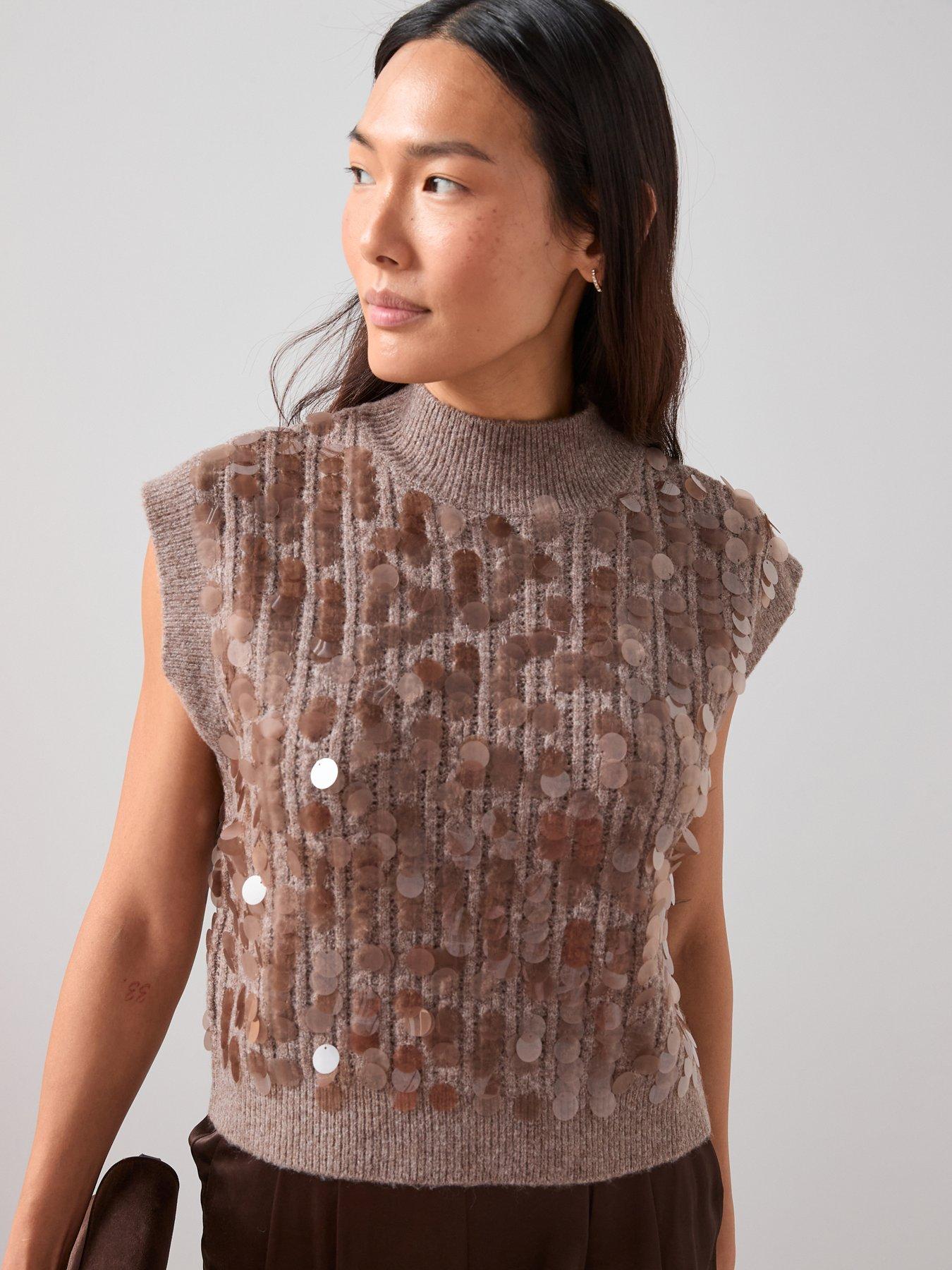 The Very Collection Style Yarn Funnel Neck Sleeveless Sequin Short Tank With Wool - Brown