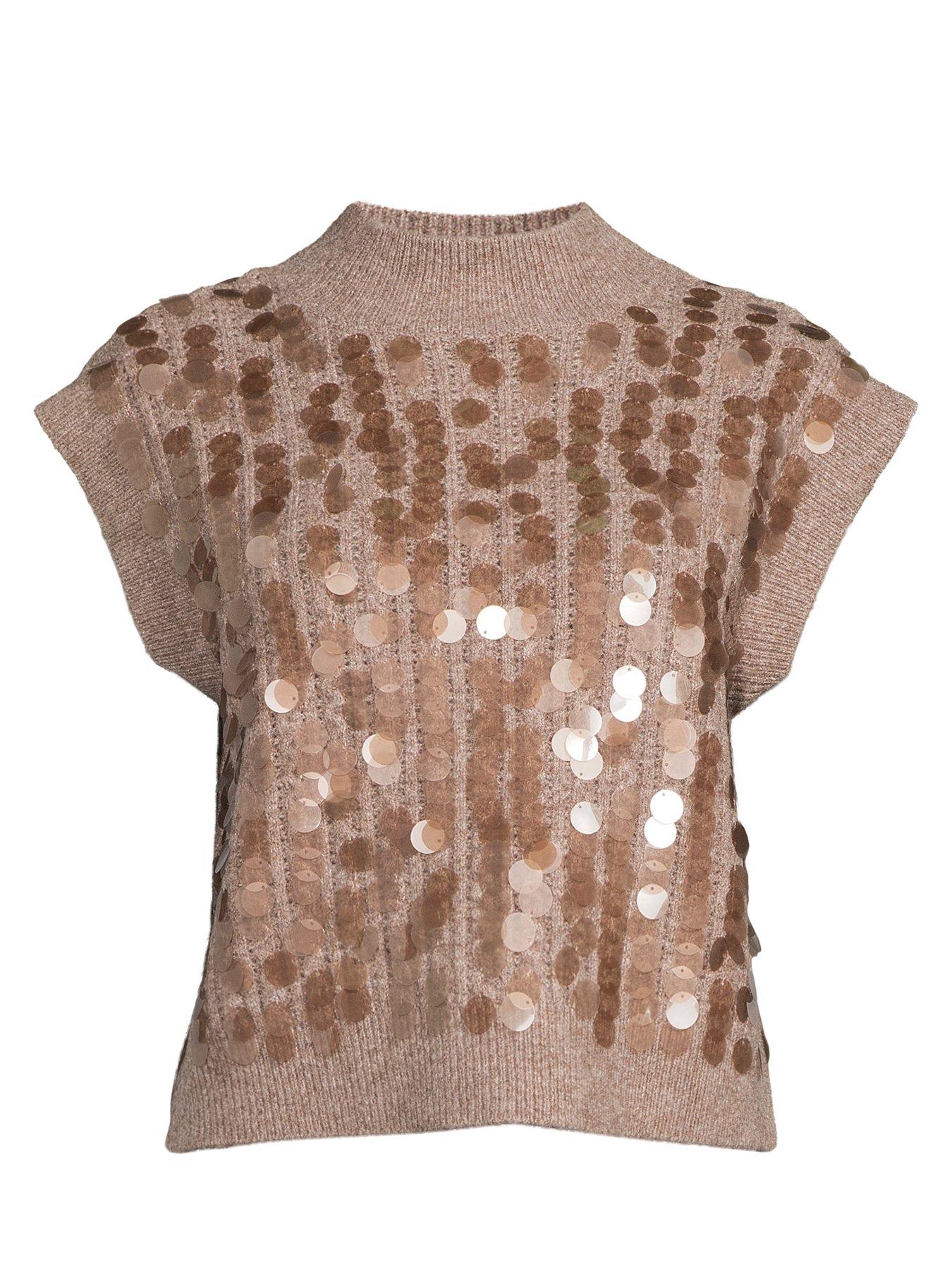 Image 7 of 7 of The Very Collection Style Yarn Funnel Neck Sleeveless Sequin Tank with Wool - Brown