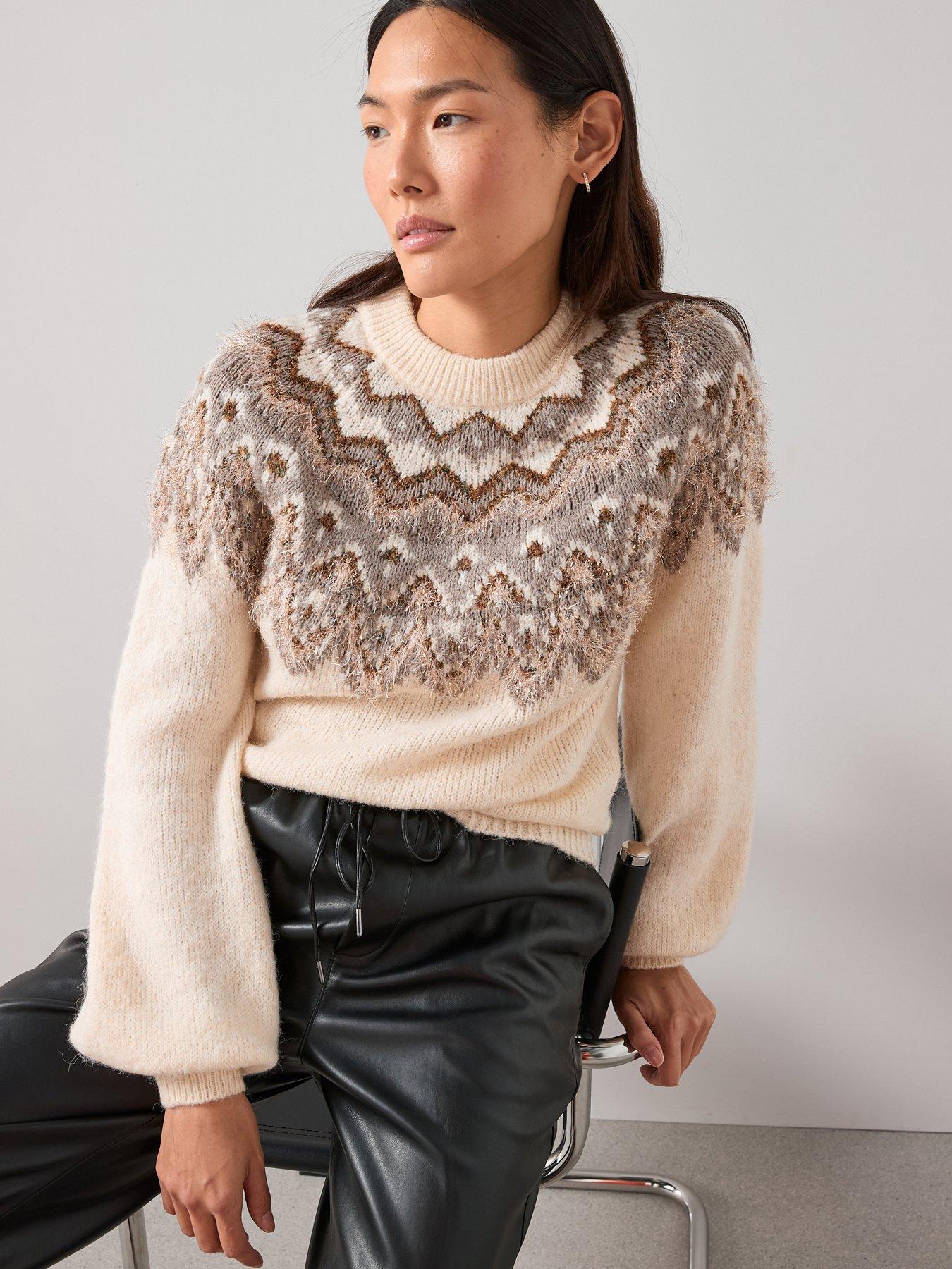 The Very Collection Crew Neck Lurex Fairisle Jumper With Wool - Cream