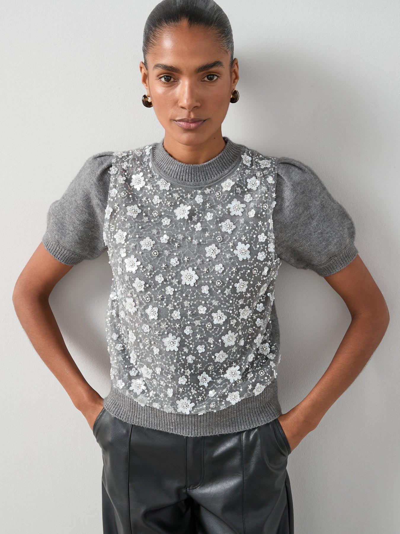 undefined Short Sleeve Organza Overlay Short Sleeve Jumper - Grey