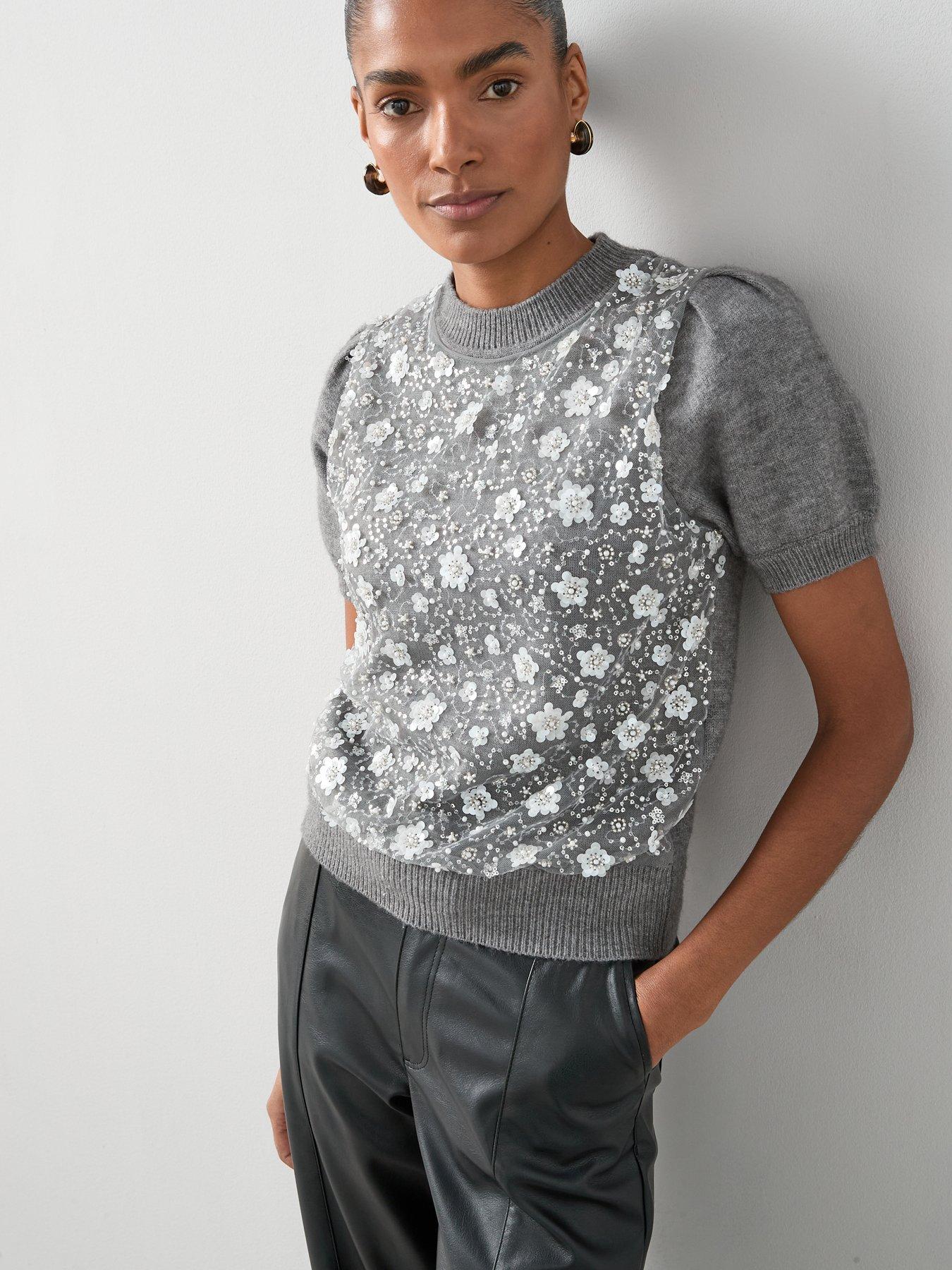 Image 4 of 7 of The Very Collection Short Sleeve Organza Overlay Knitted Jumper - Grey