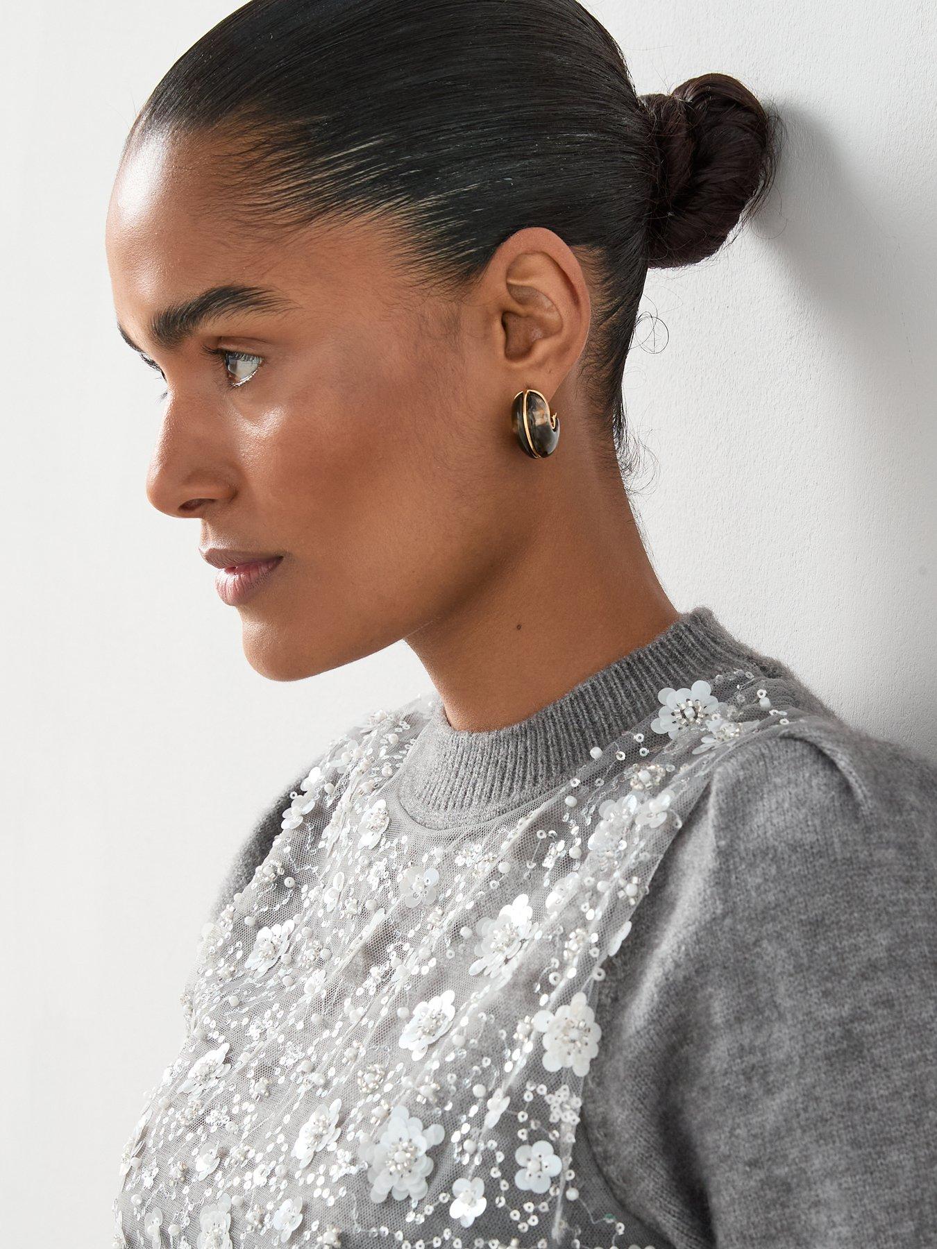 Image 5 of 7 of The Very Collection Short Sleeve Organza Overlay Knitted Jumper - Grey