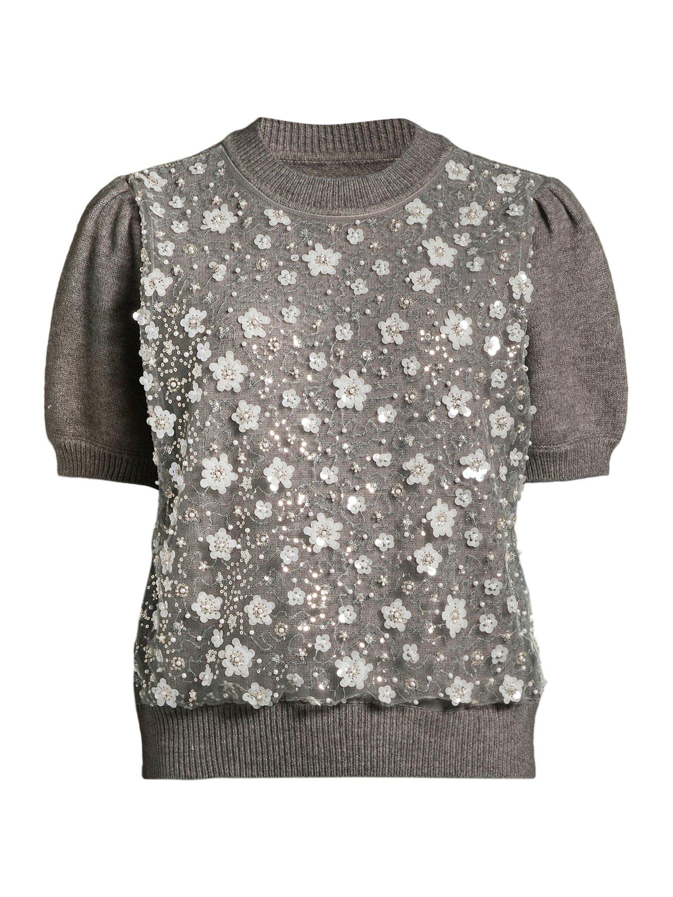 Image 7 of 7 of The Very Collection Short Sleeve Organza Overlay Knitted Jumper - Grey