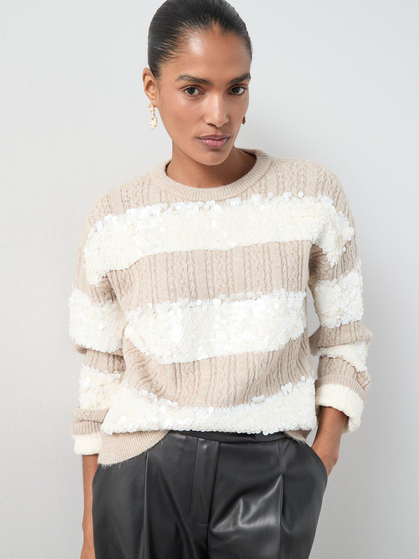 Image 1 of 7 of The Very Collection Crew Neck Sequin Cable Oversized Jumper - Beige