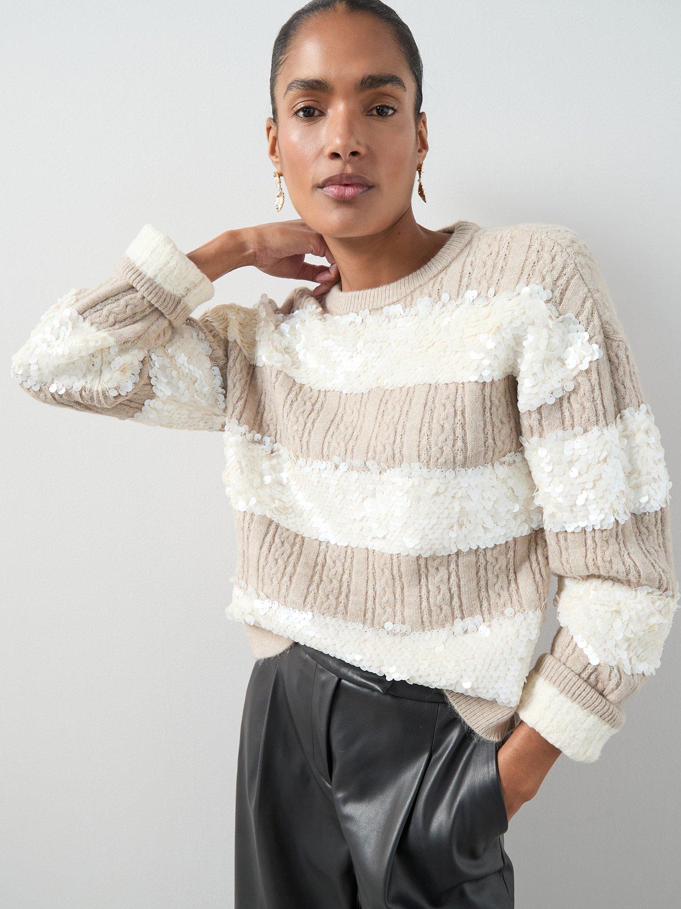Image 4 of 7 of The Very Collection Crew Neck Sequin Cable Oversized Jumper - Beige