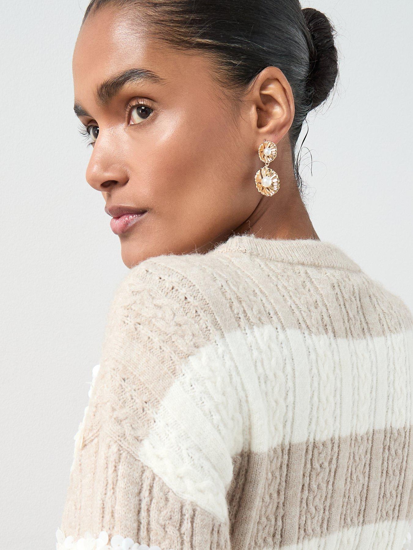 Image 5 of 7 of The Very Collection Crew Neck Sequin Cable Oversized Jumper - Beige