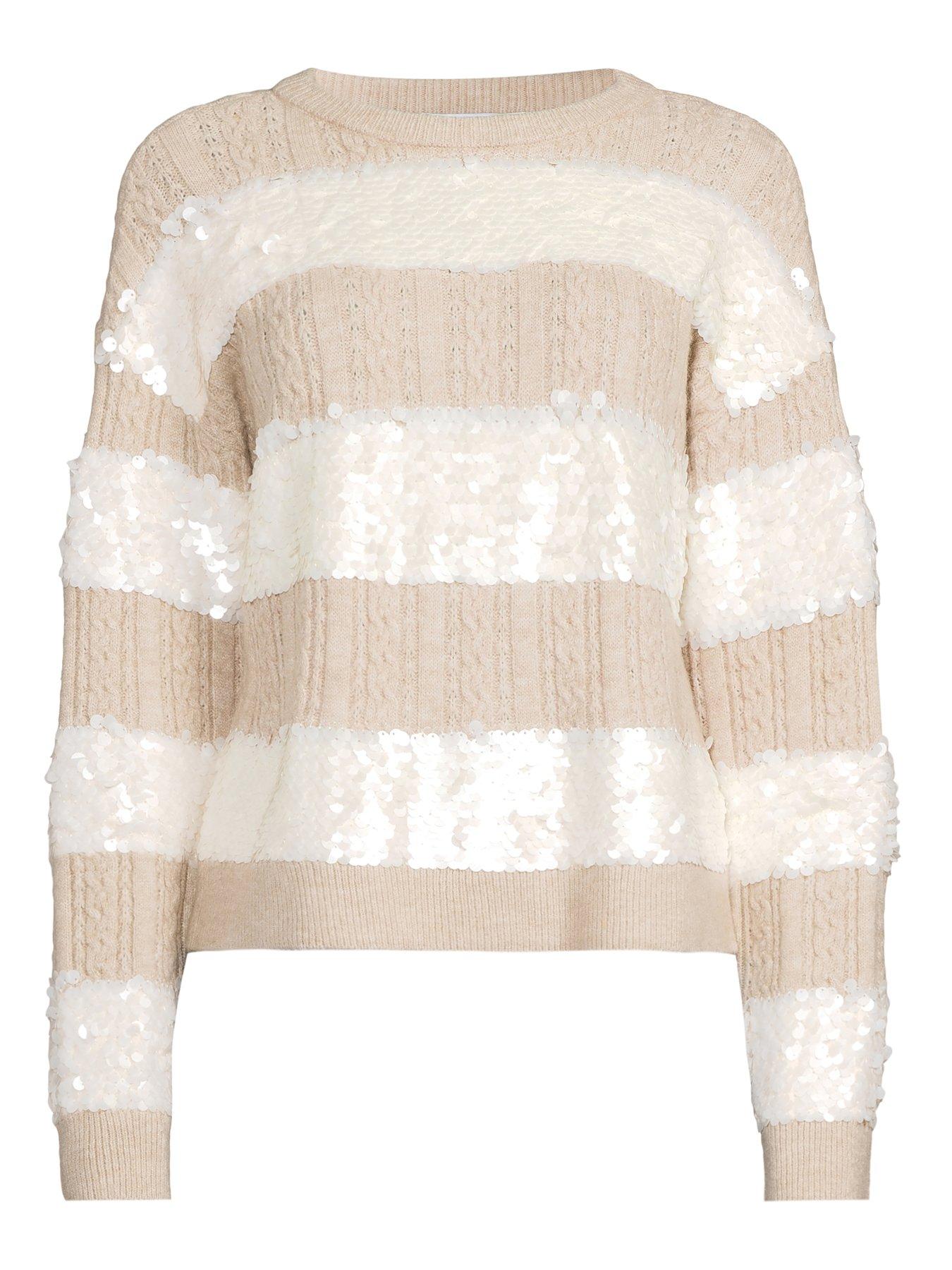 Image 7 of 7 of The Very Collection Crew Neck Sequin Cable Oversized Jumper - Beige