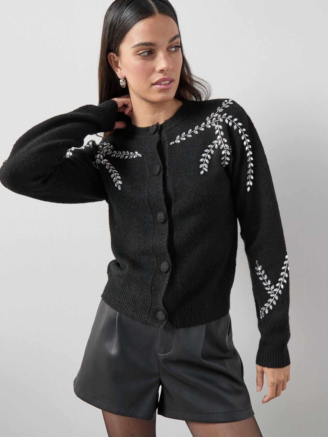 Image 1 of 7 of The Very Collection Crew Neck Embellished Cardigan With Wool - Black