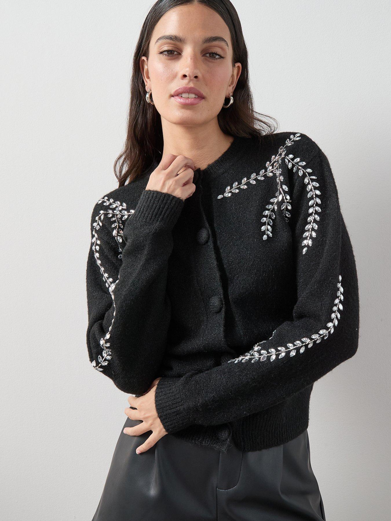 Image 4 of 7 of The Very Collection Crew Neck Embellished Cardigan With Wool - Black