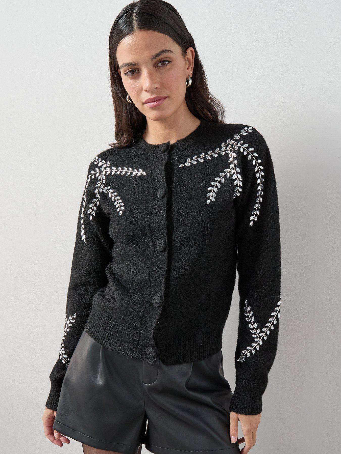 Image 5 of 7 of The Very Collection Crew Neck Embellished Cardigan With Wool - Black