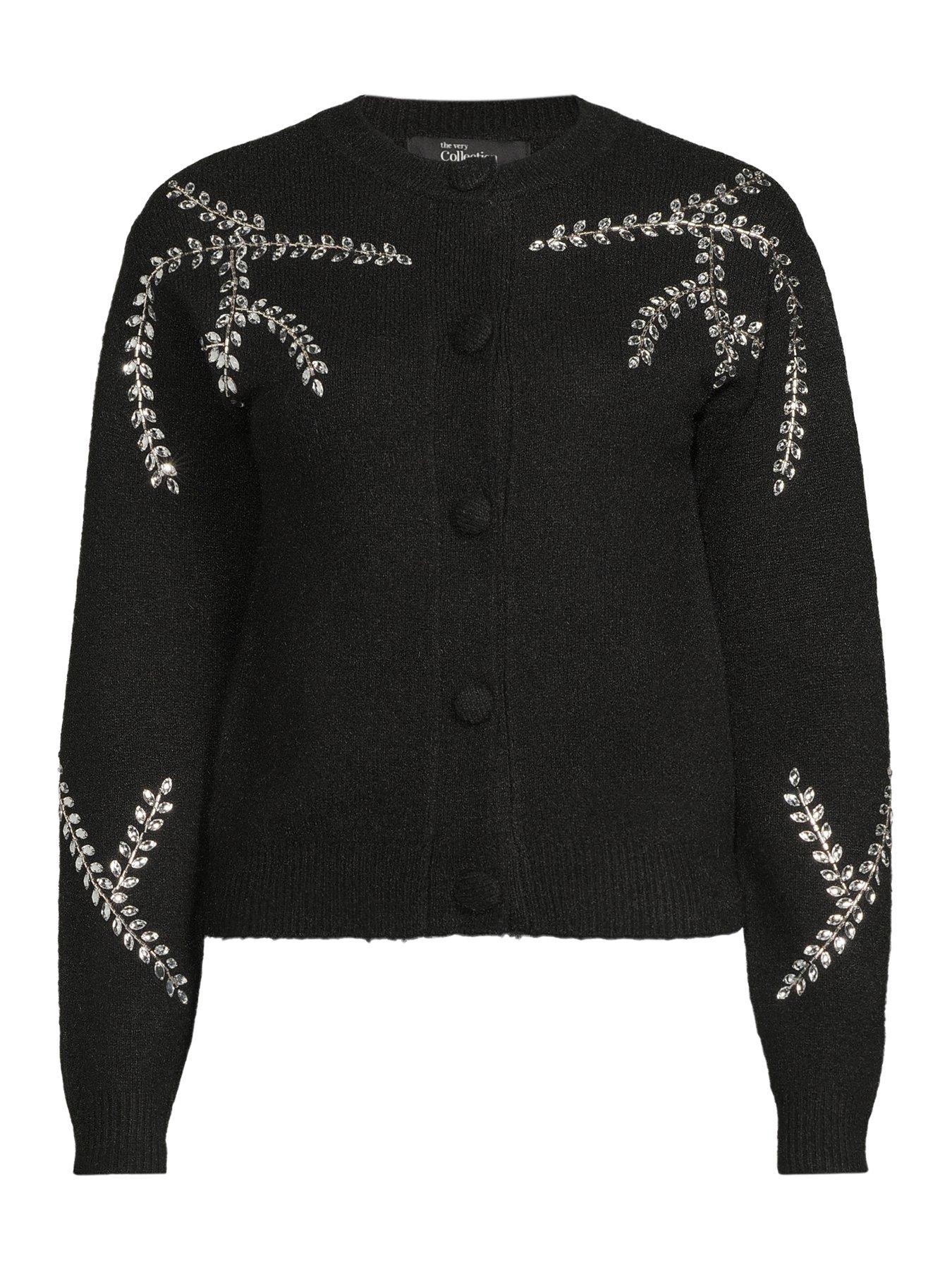 Image 7 of 7 of The Very Collection Crew Neck Embellished Cardigan With Wool - Black