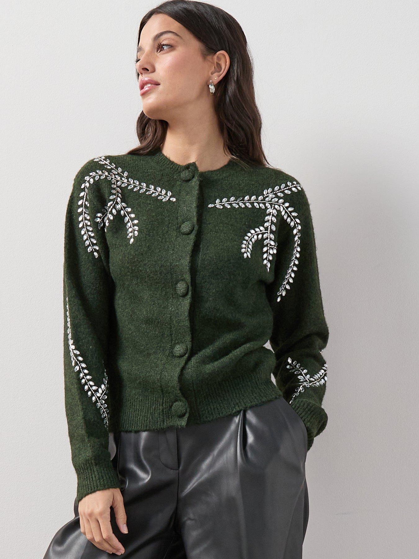 The Very Collection Crew Neck Embellished Cardigan With Wool - Green