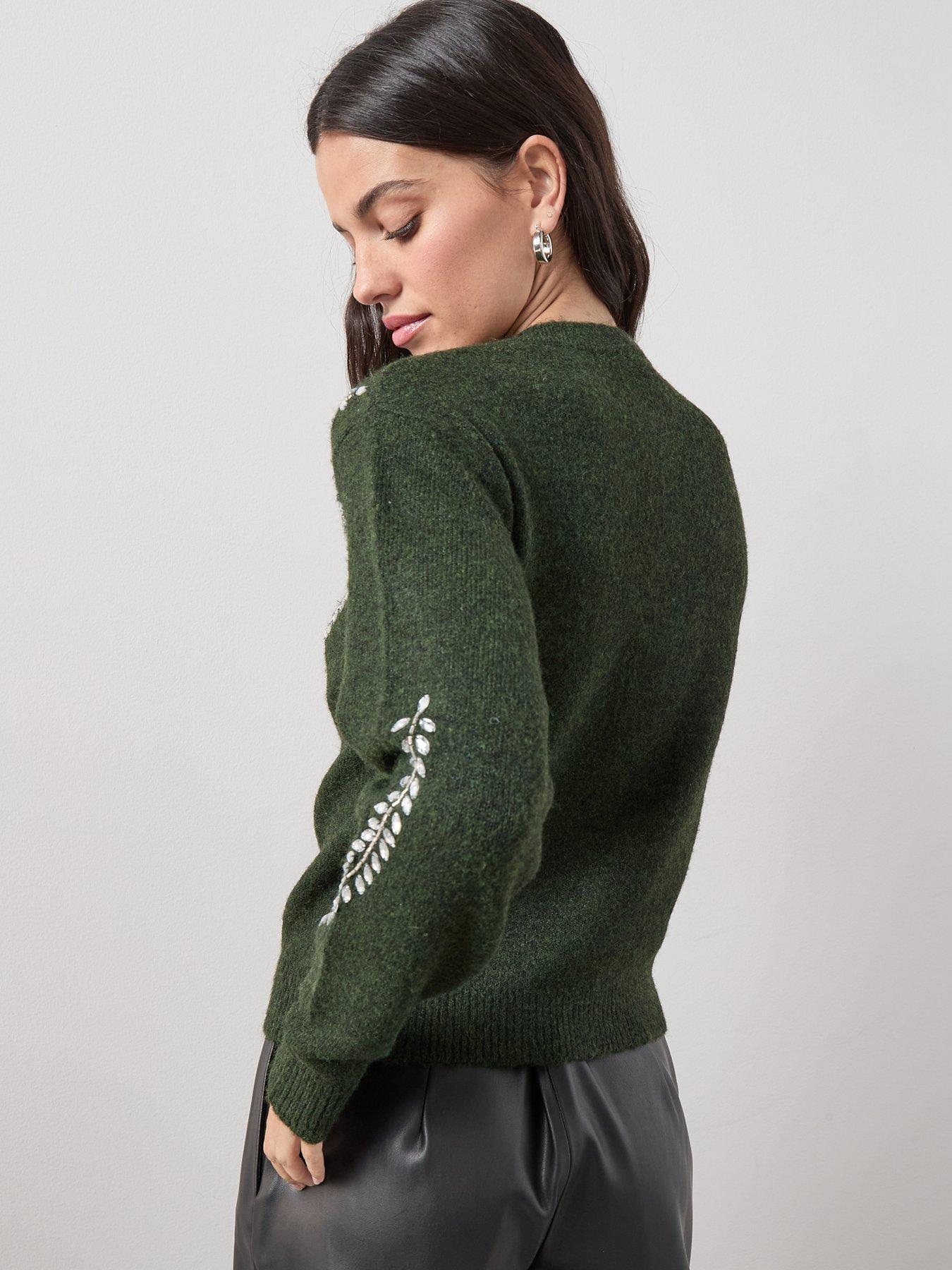 stillFront image of the-very-collection-crew-neck-embellished-cardigan-with-wool-green