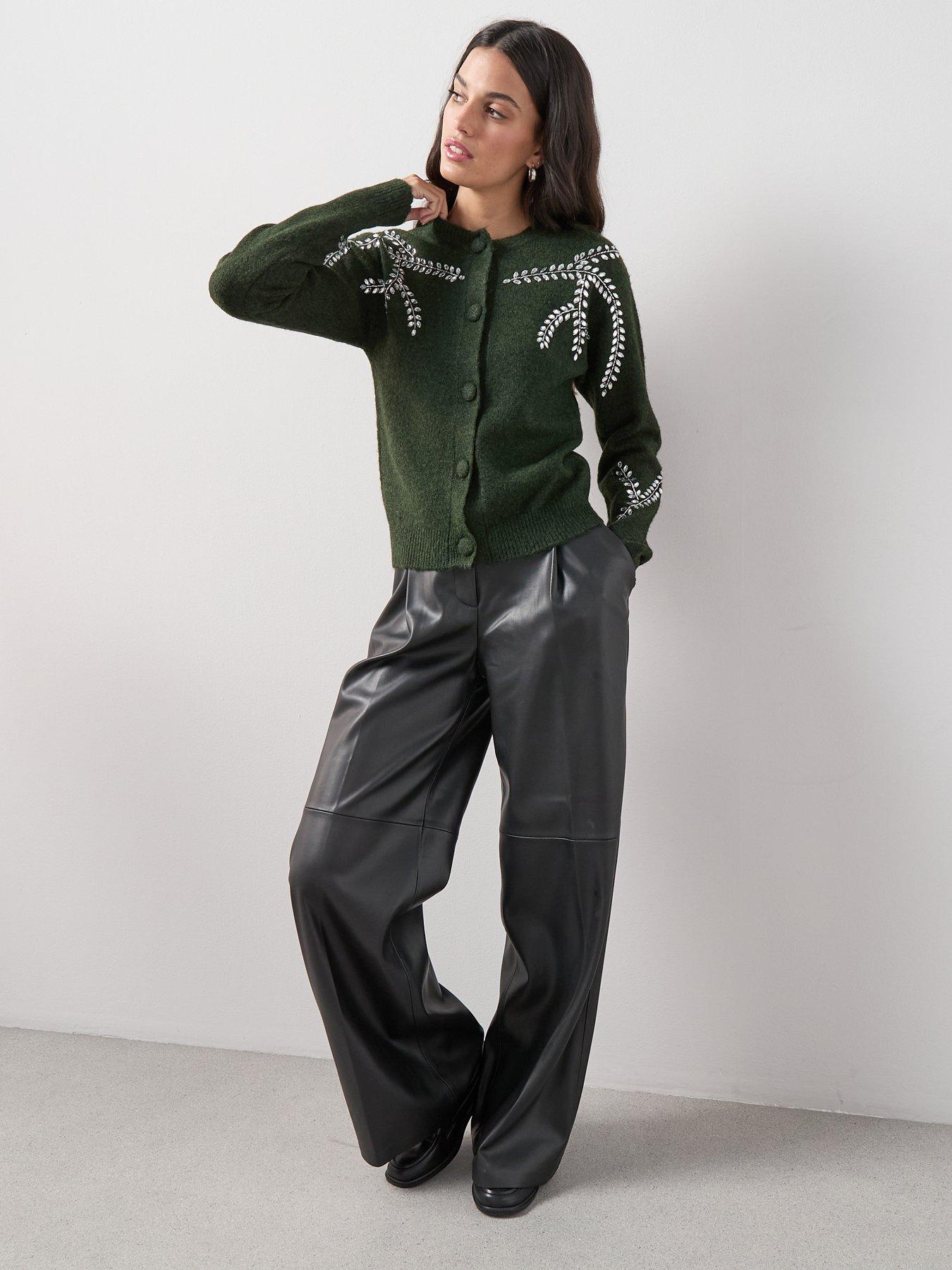  image of the-very-collection-crew-neck-embellished-cardigan-with-wool-green