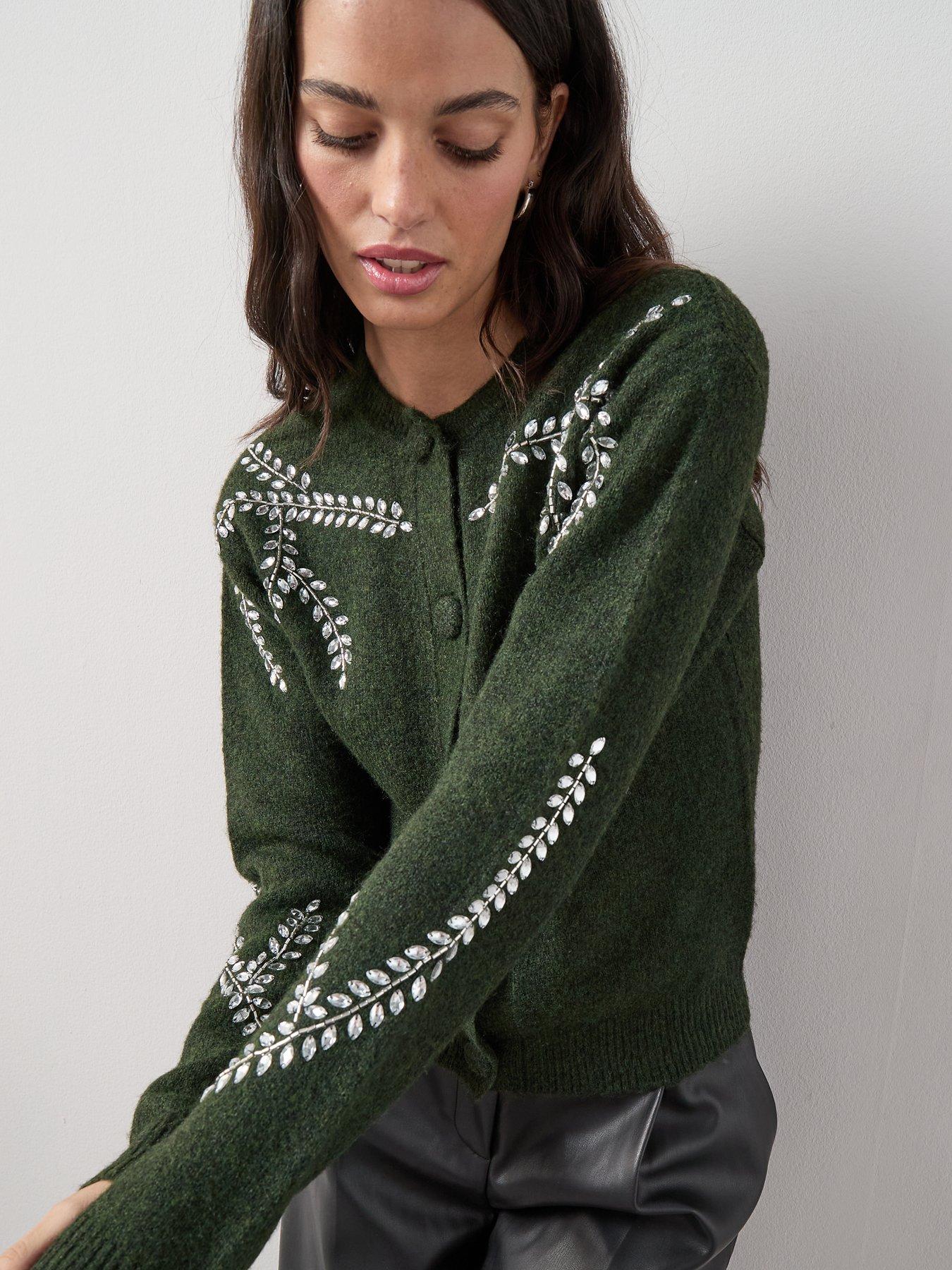  image of the-very-collection-crew-neck-embellished-cardigan-with-wool-green