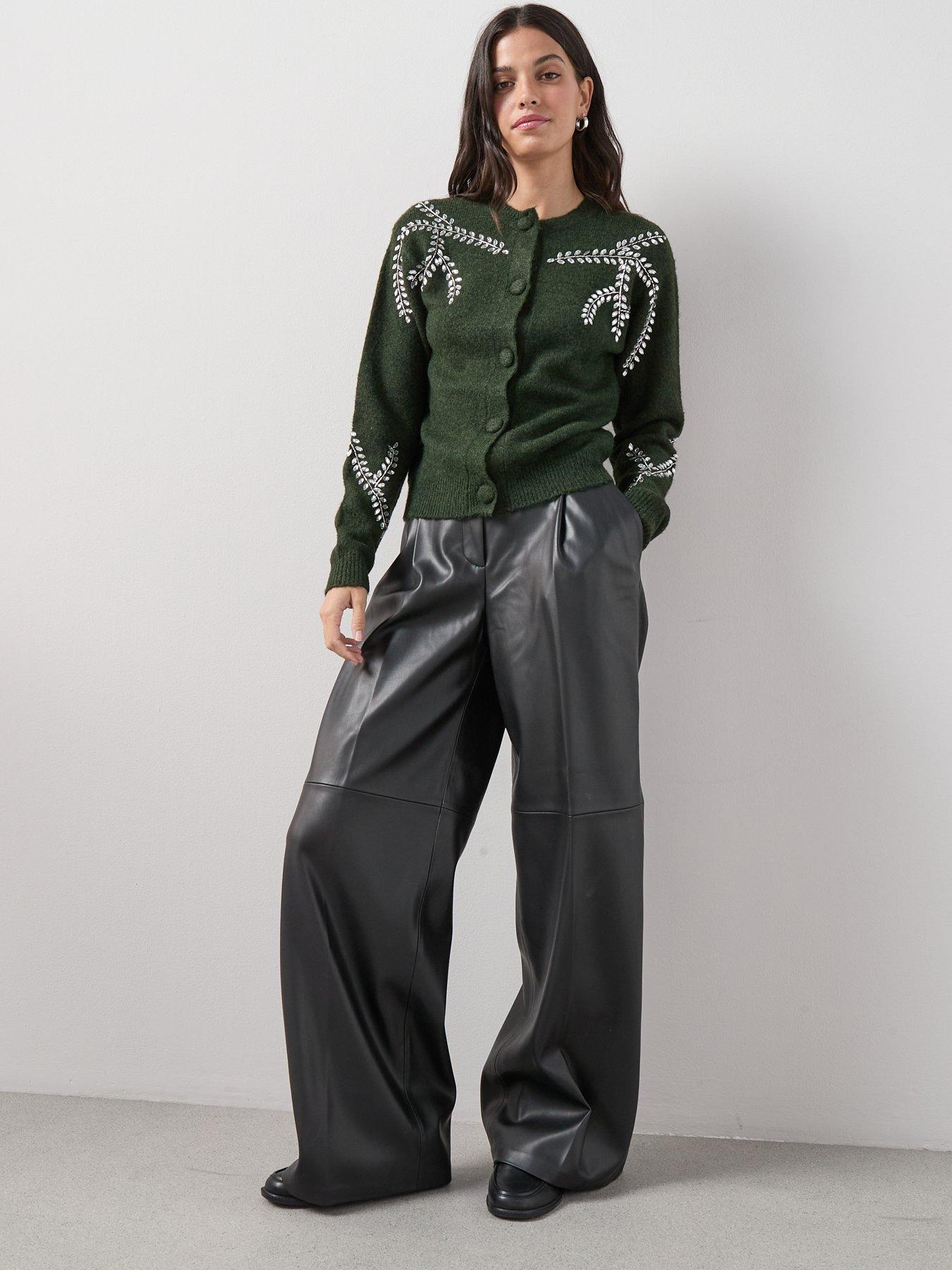  image of the-very-collection-crew-neck-embellished-cardigan-with-wool-green