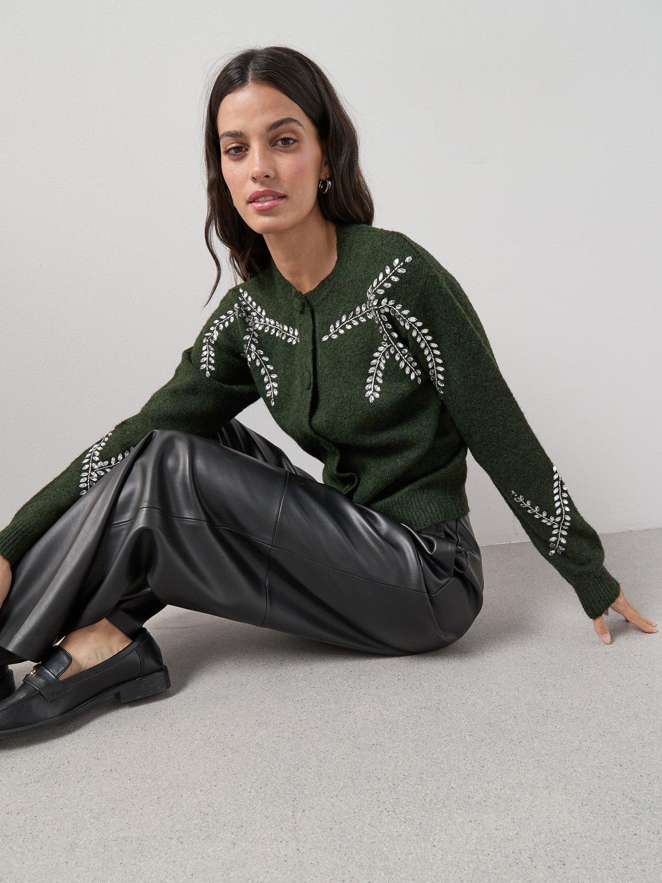  image of the-very-collection-crew-neck-embellished-cardigan-with-wool-green