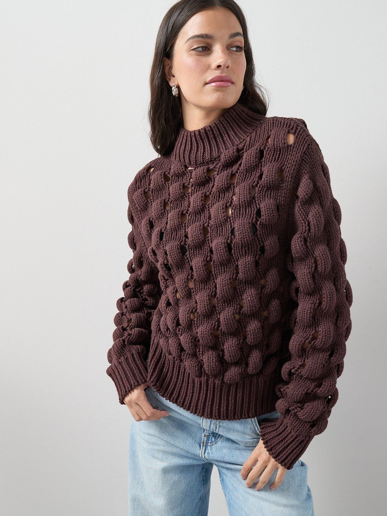 The Very Collection Cotton Rich Funnel Neck Bubble Stitch Jumper - Chocolate